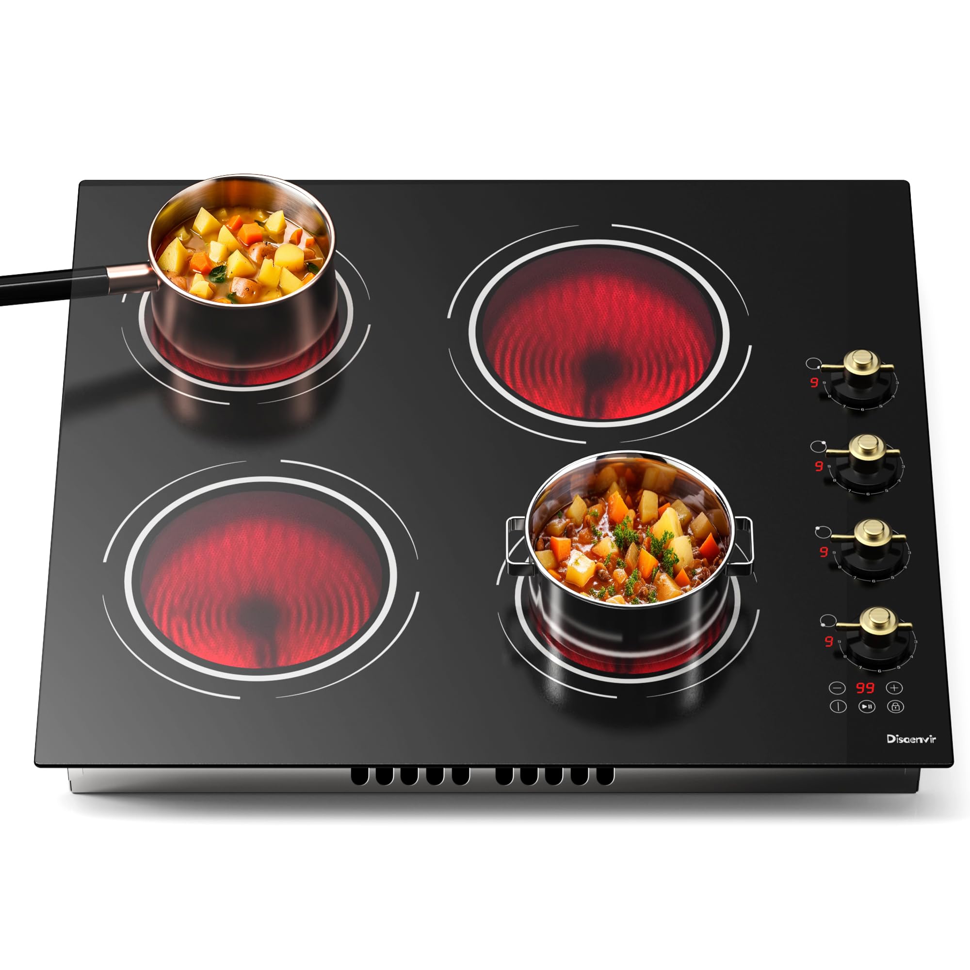 24 Inch Electric Cooktop - 4 Burner Drop-in(22.05"x19.3") Ceramic Stove Top 6000W, 220V Electric Stove, 9 Power Level, Pause, Safety Lock, Touch & Knob Control, 240V Hard Wired (No Plug)