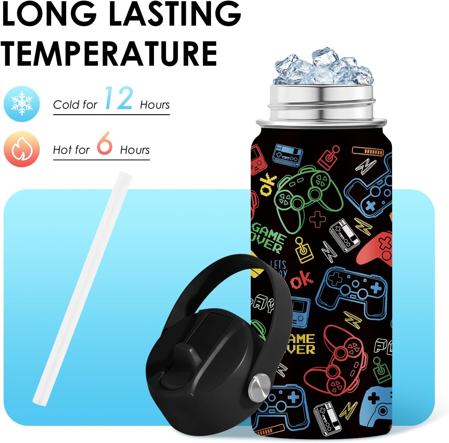 Game Gift for Boys Girls - 16oz Water Bottle with Straw Lid, Gamer Insulated Bottle for Kids, Leak-proof, BPA-Free, Stainless Steel Water Bottles for School Travel, Game Lover Christmas Gifts Cup(1pc) - Image 3