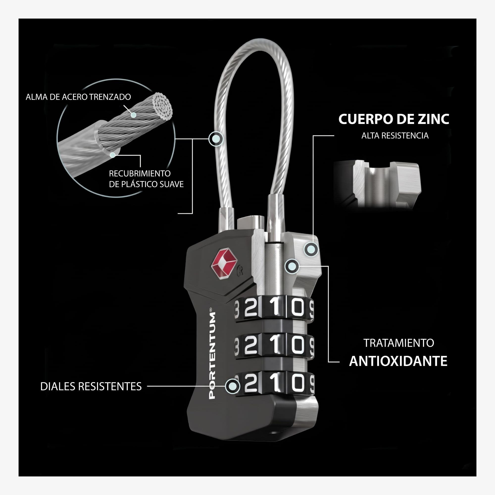 PORTENTUM Candado TSA homologado con combinación de 3 dígitos – Pack de 20 – Candado maleta viaje con cable flexible y llavero identificador – Candado equipaje para mochilas maletas bolsas y taquillas