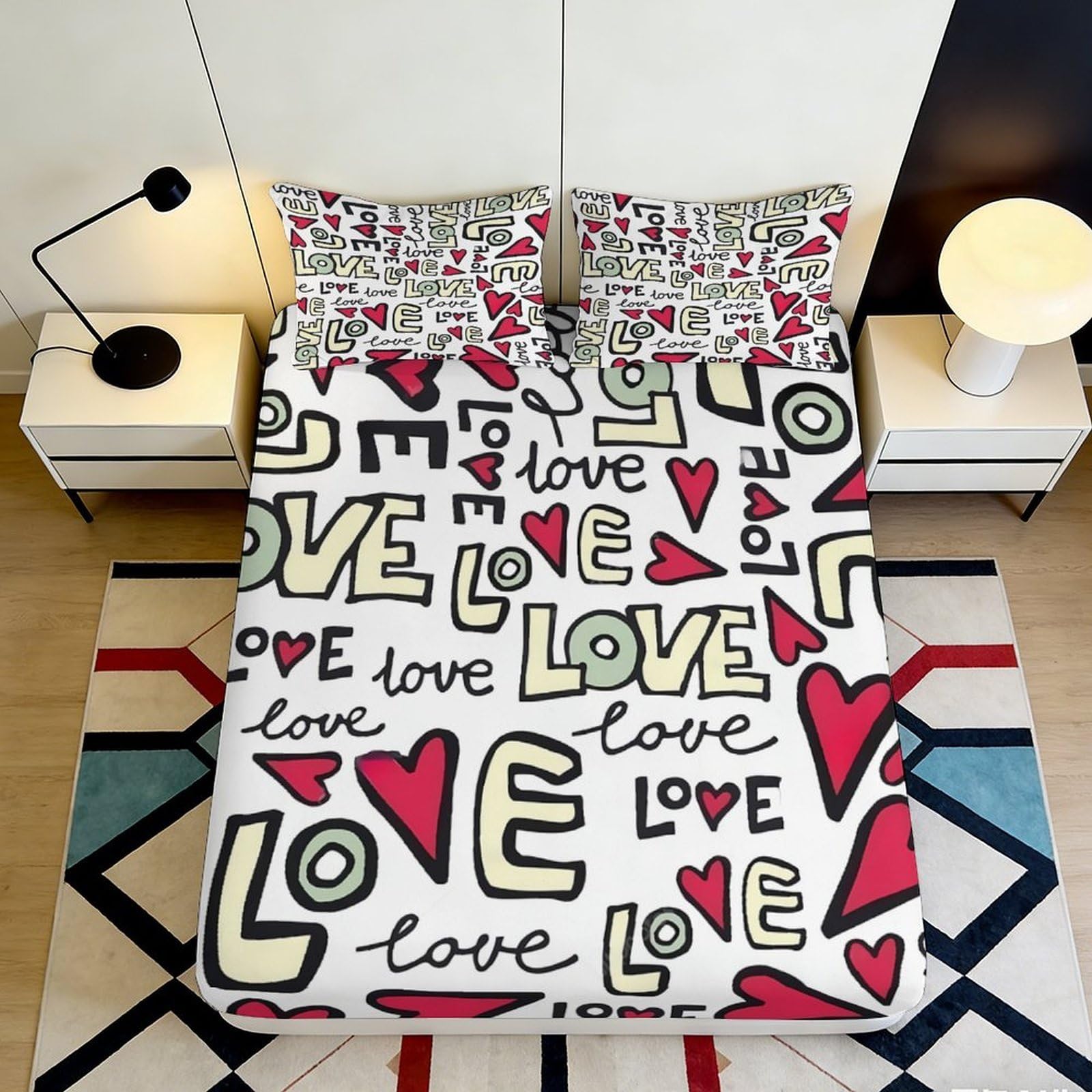 3D Printed Love Graffiti Fitted Sheet Microfiber Bedroom Bed Cover Red Heart Pattern for Home Dorm Decor 90x200x25cm