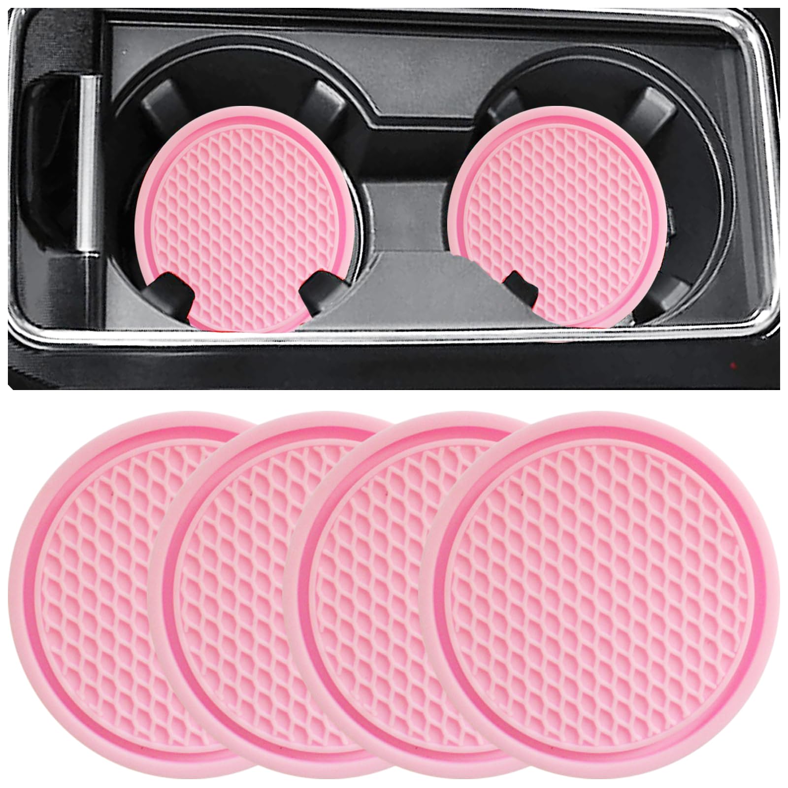 Car Cup Coaster, 4PCS Universal Auto Non-Slip Cup Holder Embedded in Ornaments Silicone Coaster, Car Interior Accessories Sets, Pink