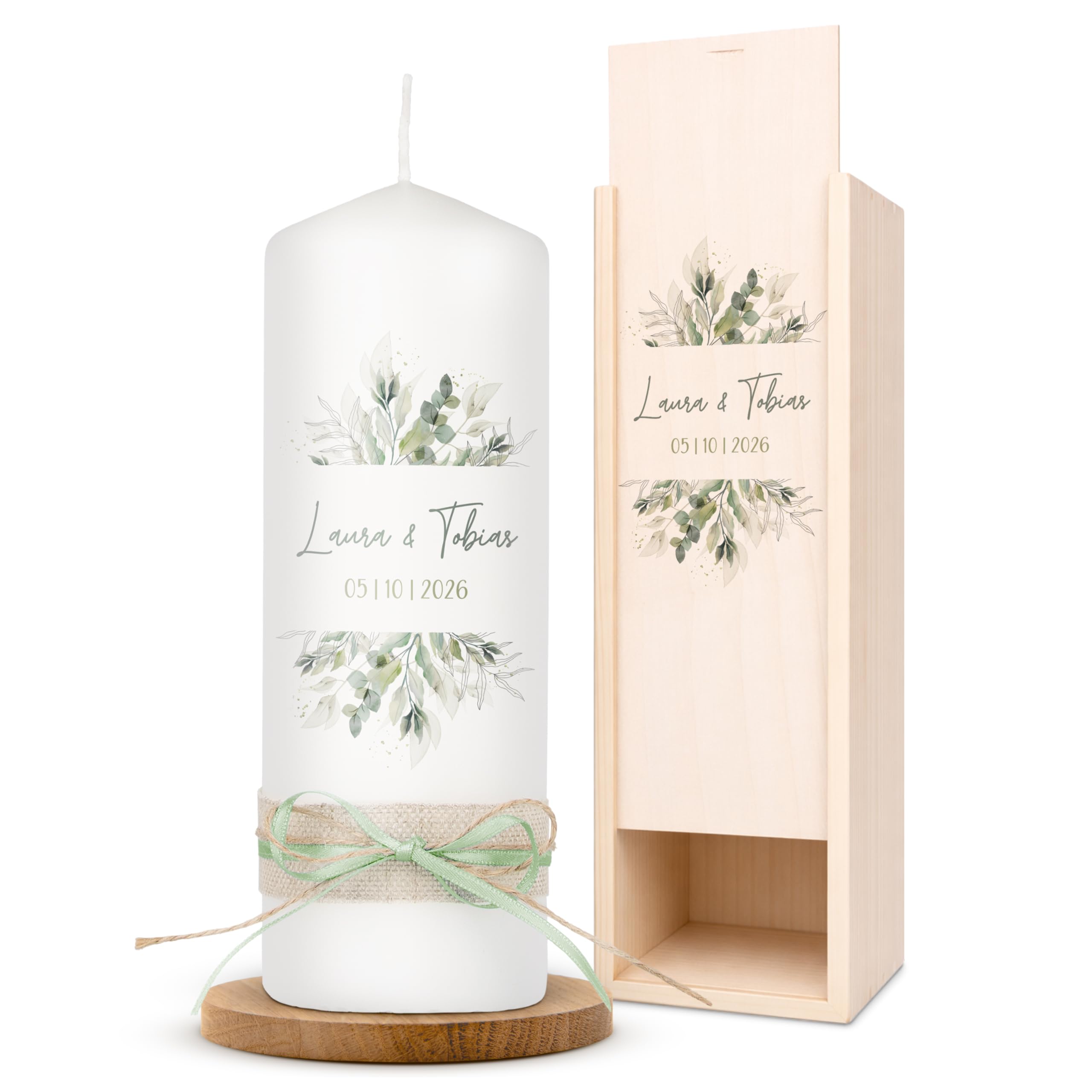 AMARI ® Hochzeitskerze personalisiert Pflanzwelt 20/7 cm- mit Namen & Datum – Elegante Traukerze für Hochzeit & Standesamt – Individuelles Geschenk zur Trauung