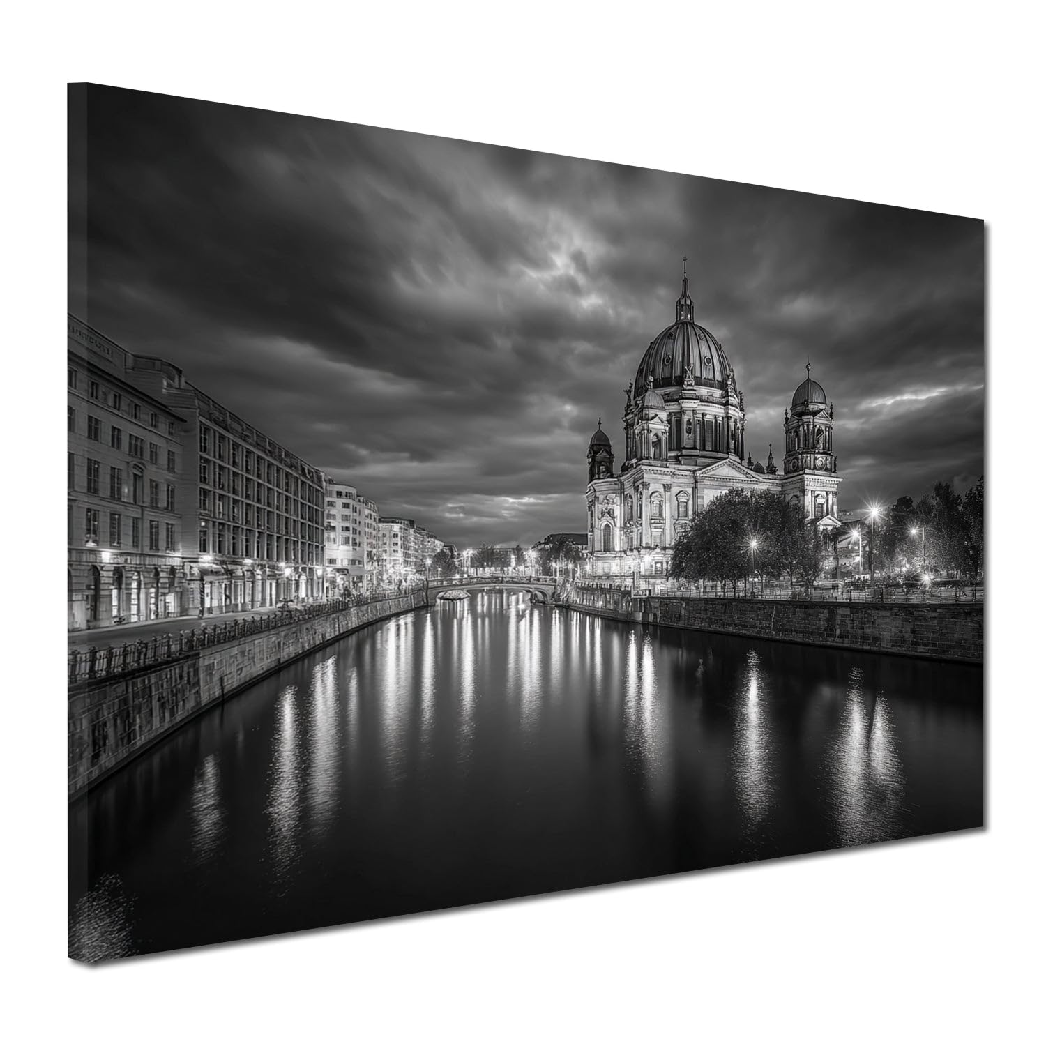ARTEDinoi Berliner Dom Spree Wolken Spiegelung schwarz weiß Leinwandbild XL | Berliner Dom mit Kuppel an der Spree