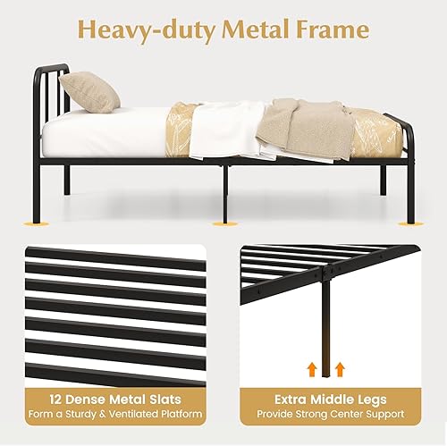 Miniatura 3 de GOFLAME Base de cama tamaño individual, plataforma de metal de 12 pulgadas con cabecero y estribo, base de colchón resistente, no necesita somier,