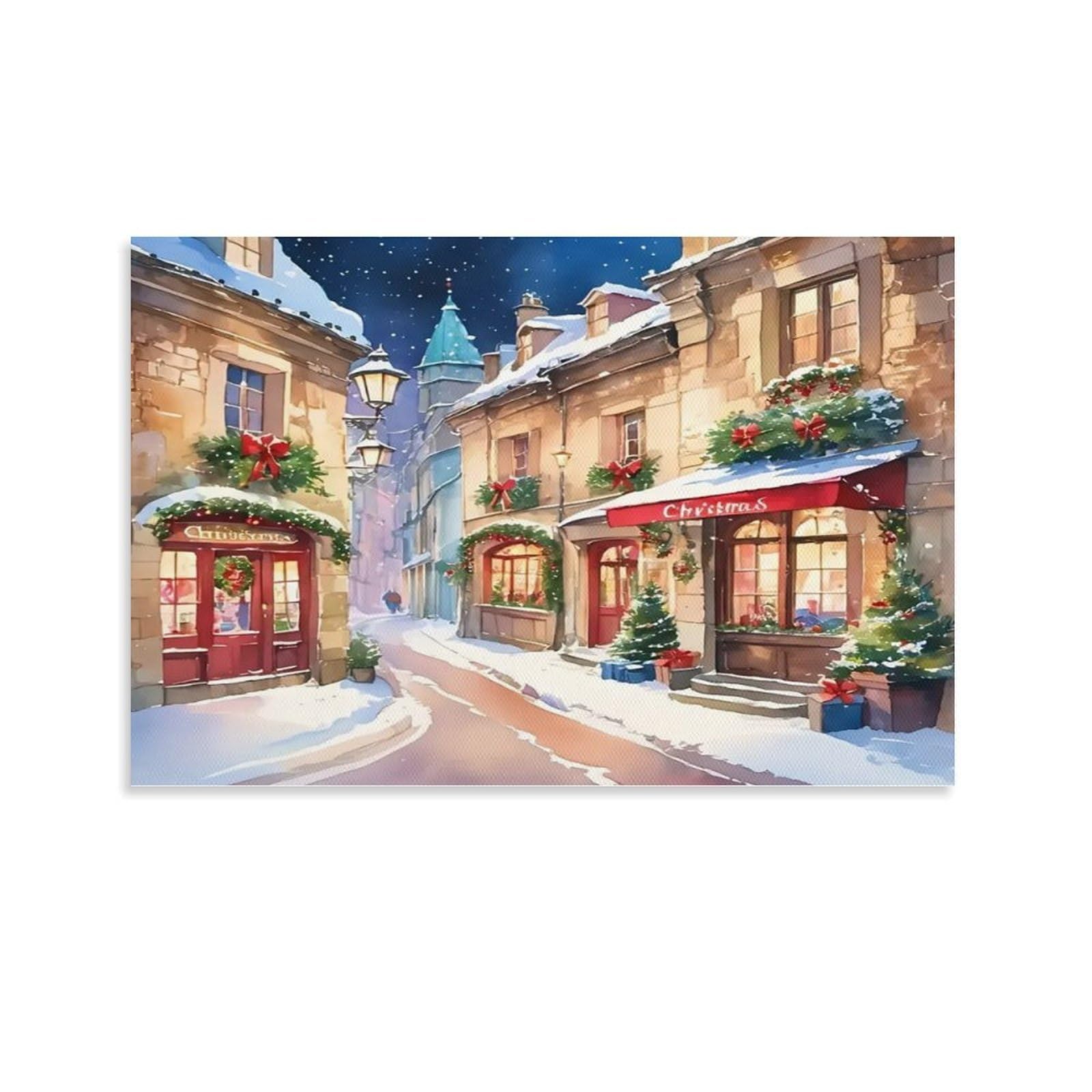 CPLVKWRQJ Snowy Christmas Street Scene 1 Piece Festive Old Town Snowy Christmas Street Canvas Wall Art - Bedroom Canvas Painting Easy to Clean Statement Piece Wall Decor 24x36inch(60x90cm)