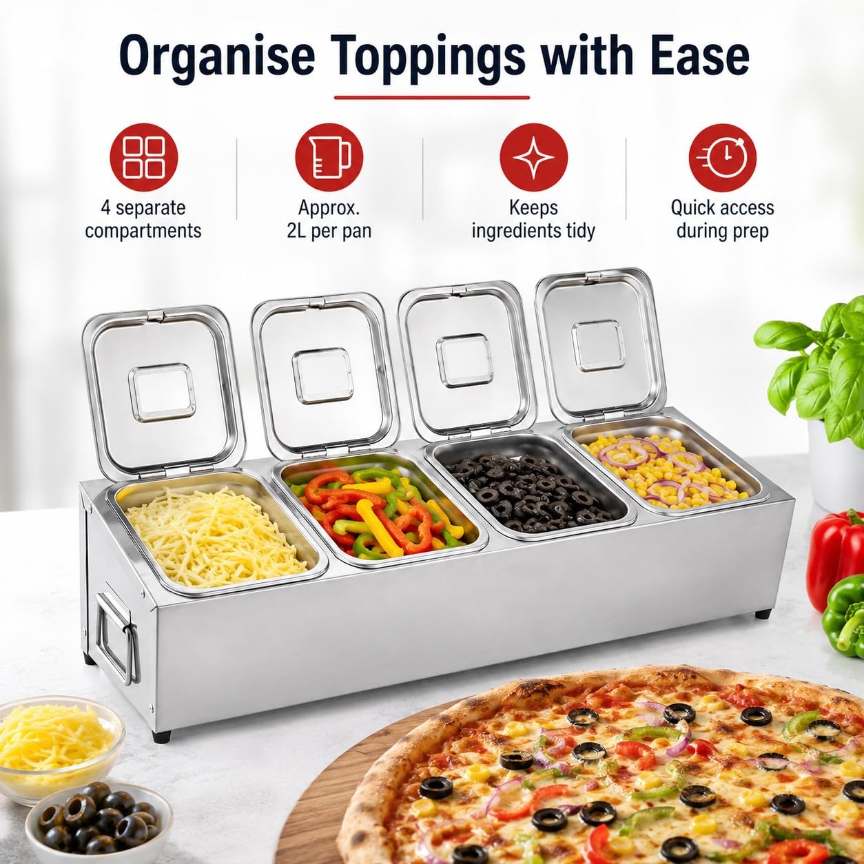 Porta Ingredienti Pizza in Acciaio Inox con Coperchio – Contenitore per Condimenti Refrigerato, Vaschette Gastronom Modulari 4 Scomparti, per Pizzeria e Preparazione Ingredienti