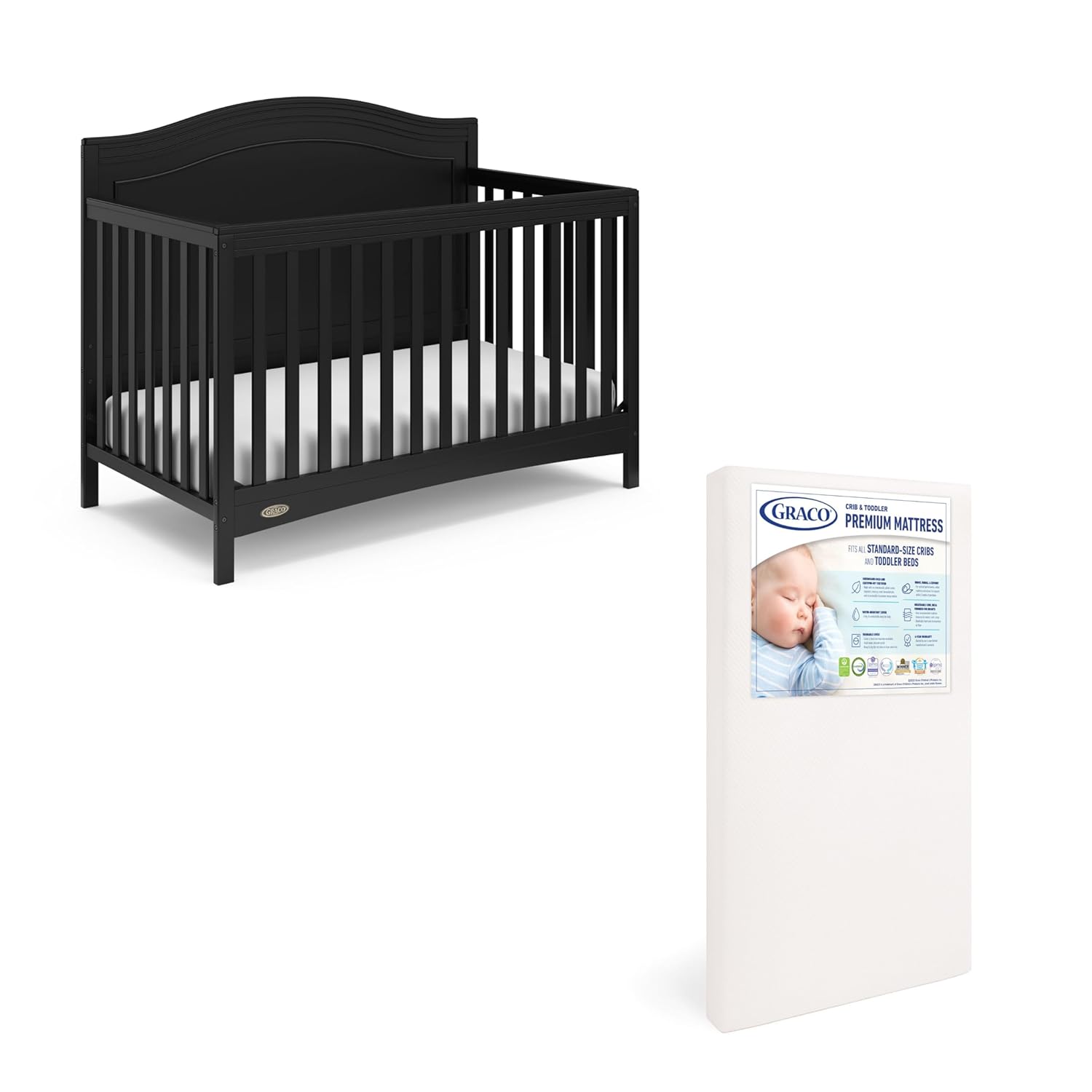 Graco Paris Crib and Mattress Nursery Essentials Pack (Black) – GREENGUARD Gold Certified Baby Crib & Crib Mattress, Cribs with Mattress Included, Convertible Crib, Baby Mattresses for Crib