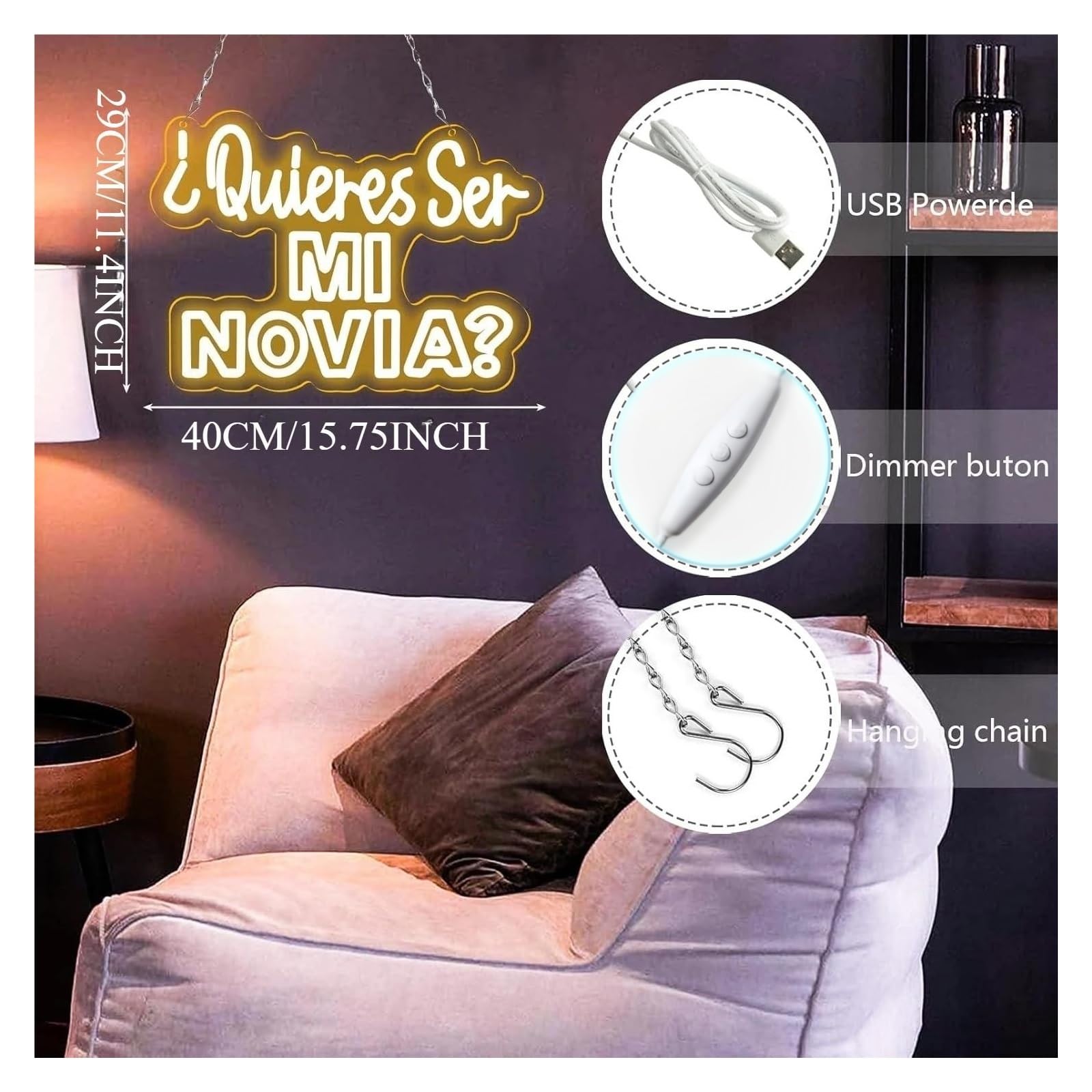 Decoración Lámparas Quieras Ser Mi Novia Letrero De Neón USB Propuesta Española Luz LED Regulable Para Aniversario De Bodas Decoración De San Valentín 15.75inx11.4in