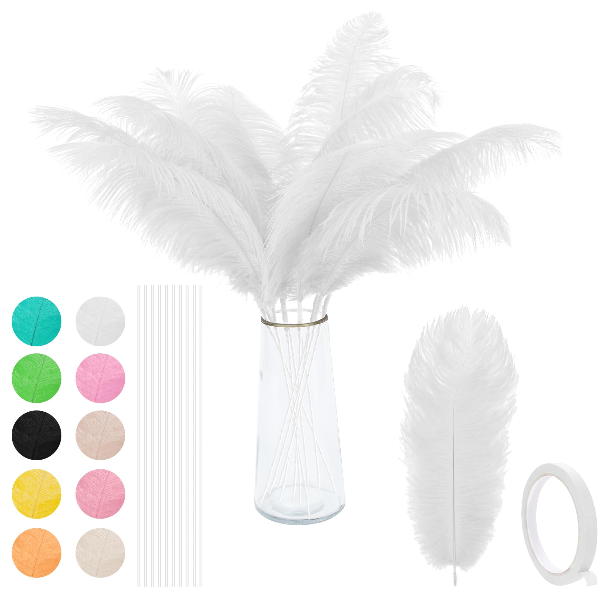 VONMXVTE Ostrich Feathers - 12Pcs 12-14inch White Feathers for vase，White Party Decorations，Wedding Party Centerpieces and Home Decorations (White)