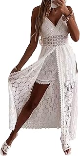 Sponsored You’re seeing this ad based on the product’s relevance to your search query.Learn more about this advertisement SANSIWU Women's V-Neck Sleeveless Knitted Lace Cutout Sling Maxi Dress Ruffle Open Back Irregular Hem Vintage Party Dress Boho Solid Beach Dress