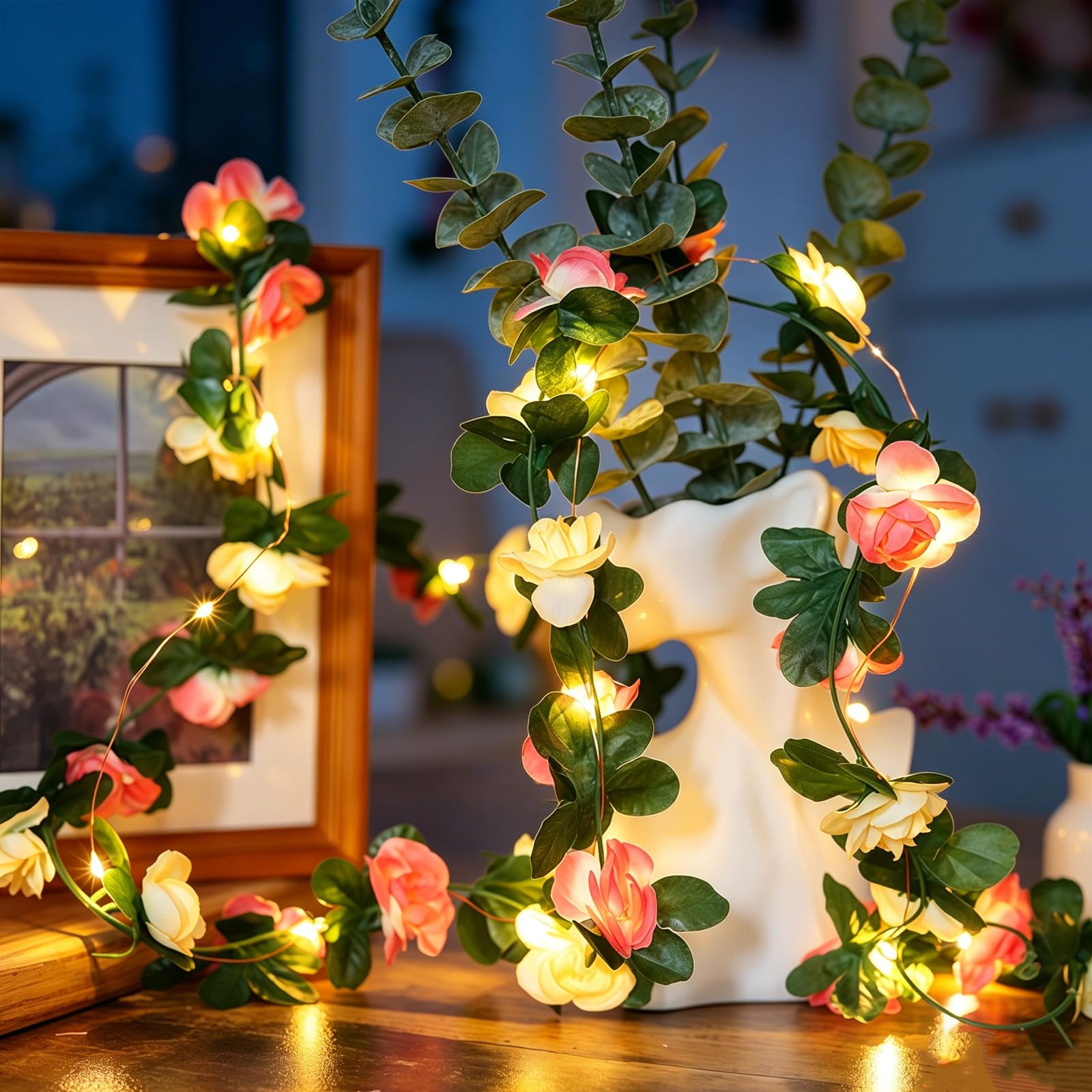 AWSOLAR 6.56FT White and Pink Rose Flower Fairy Lights Battery Operated, Fairy String Lights for Wedding, Party, Garden, Balcony, Table, Wall Decor