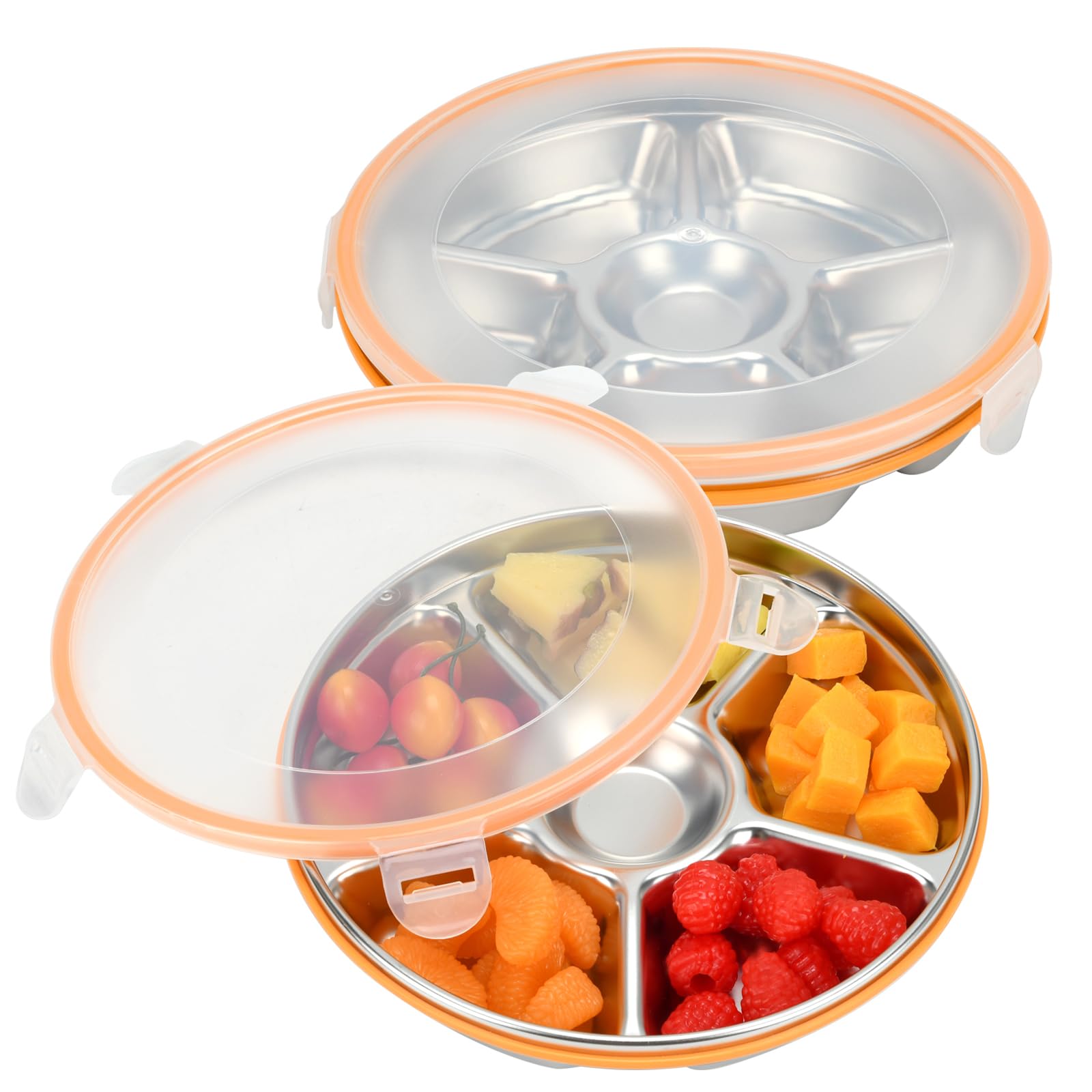 2 Pack Divided Serving Tray with Lid, Round Stainless Steel Serving Platter with 6 Compartments