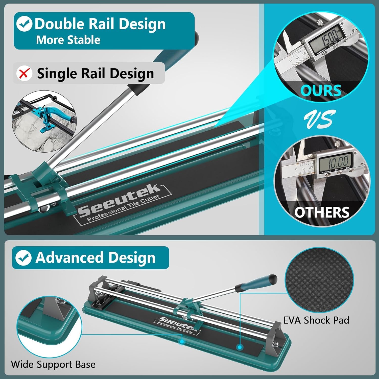 Seeutek Manual Tile Cutter - 14 inch Professional Porcelain Ceramic Tile Cutter, Double Rails Design, Tile Cutter Tool with Tungsten Carbide Cutting Wheel, Easy to use