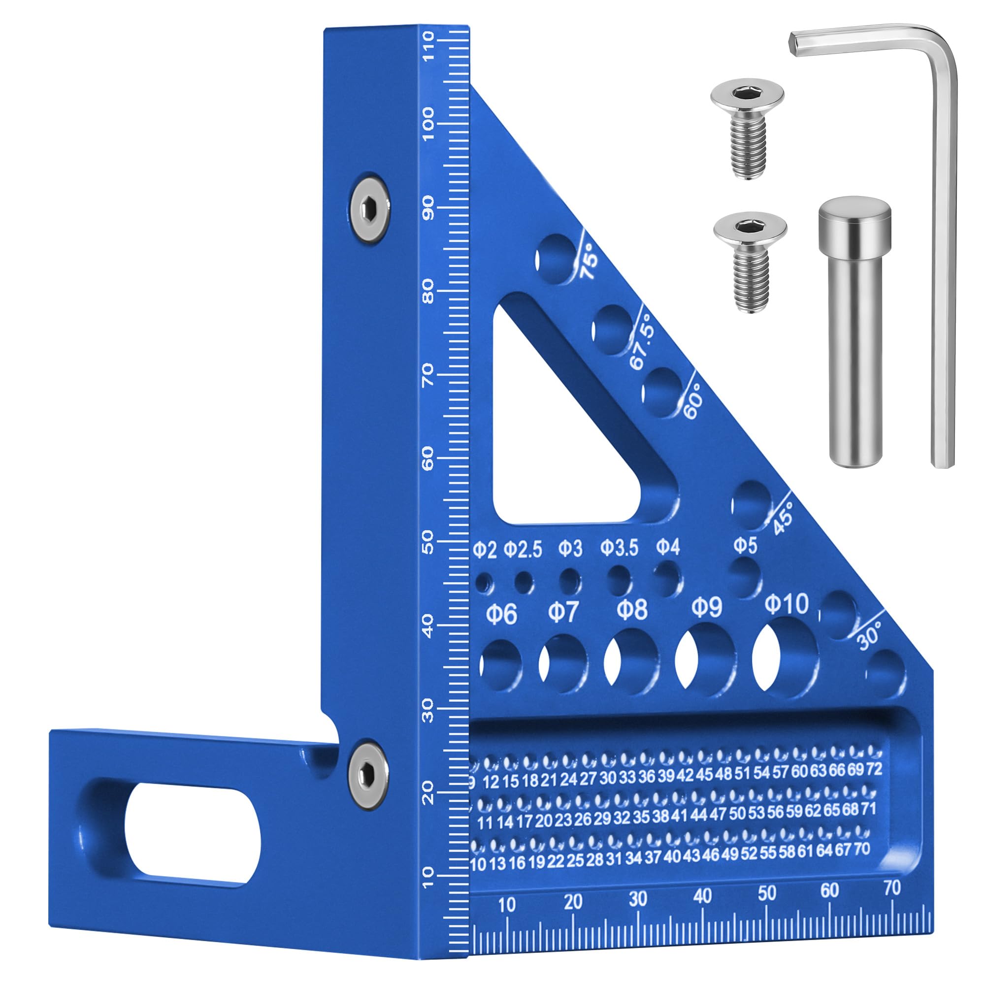 3-D Speed Square, 22.5-90° Aluminum Alloy Combination Square, Accurate Carpenters Square with 11 Different Drill Holes and Positioning Aid, Multifunctional Woodworking Tools Set Square, Blue