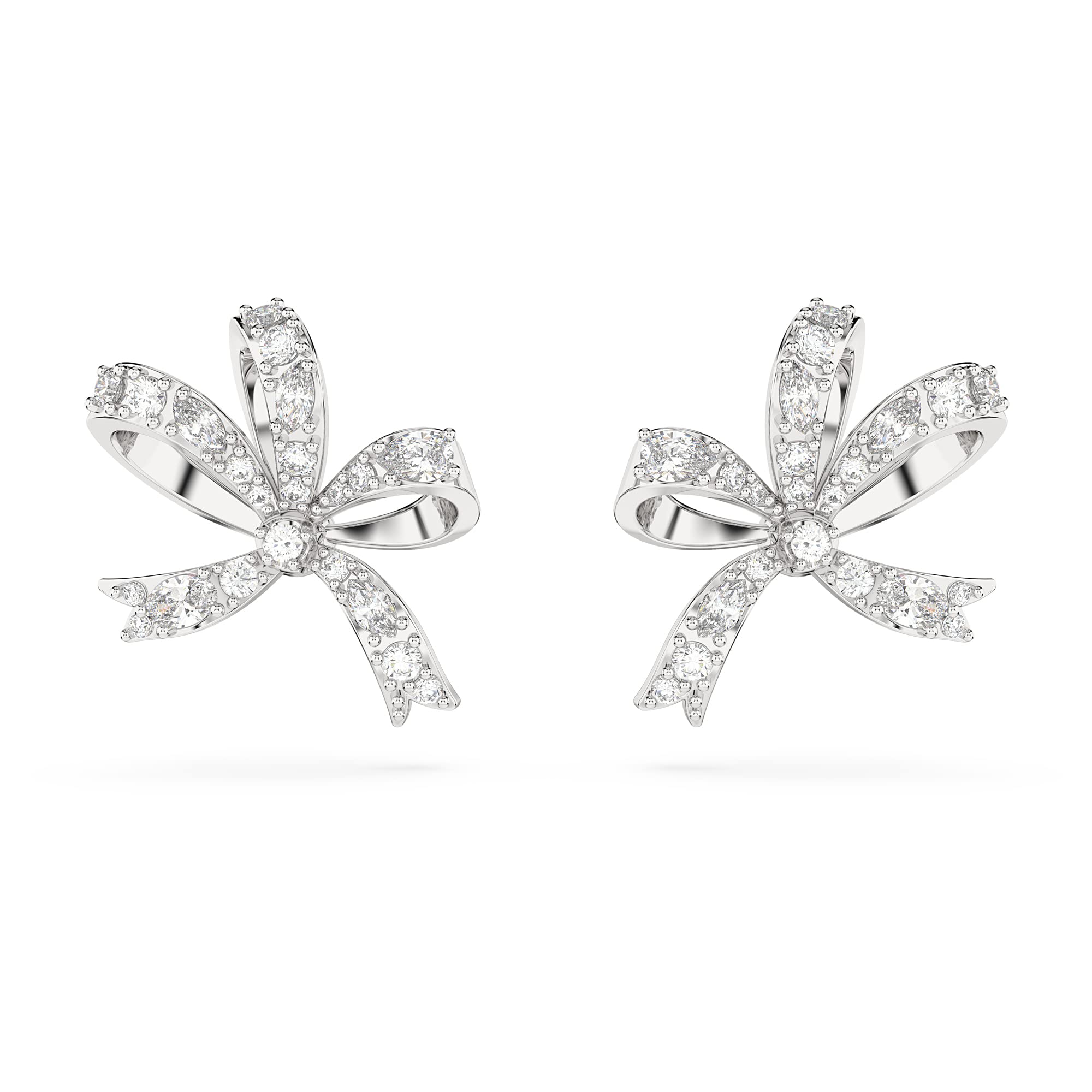 Swarovski Volta stud earrings, Bow, Small, White, Rhodium plated