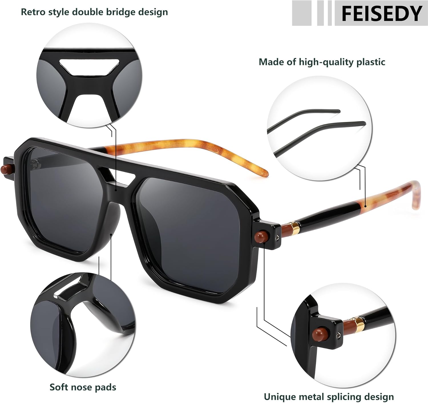 FEISEDY Vintage Square 70s Flat Aviator Sunglasses Women Men Classic Retro Stylish Frame UV400 Sunglasses B2622 - Image 5