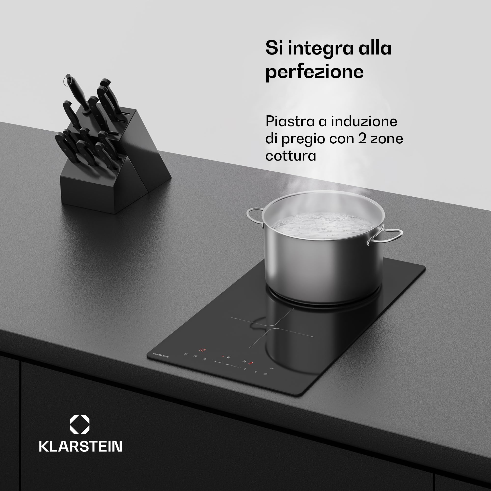 Klarstein PowerGlide Piano Induzione 30cm - 2 Zone, 3500W Boost, Cursore Touch, Timer, Blocco Bambini, Vetroceramica Facile da Pulire - Piastra Induzione Compatta da Incasso, Nero