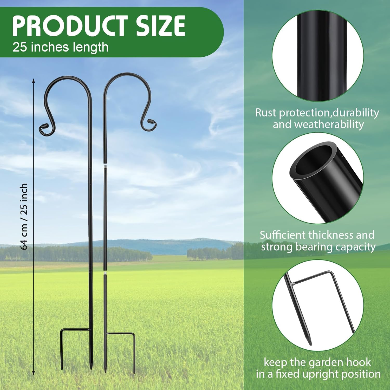 MorningRo 6 Pack Shepherd Hooks for Outdoor 25 Inch 1/3 Inch Thick Shepherd Metal Curled Garden Hook for Lanterns Hanging Plant Baskets Solar Lights Bird Feeders Wedding Decor, Black