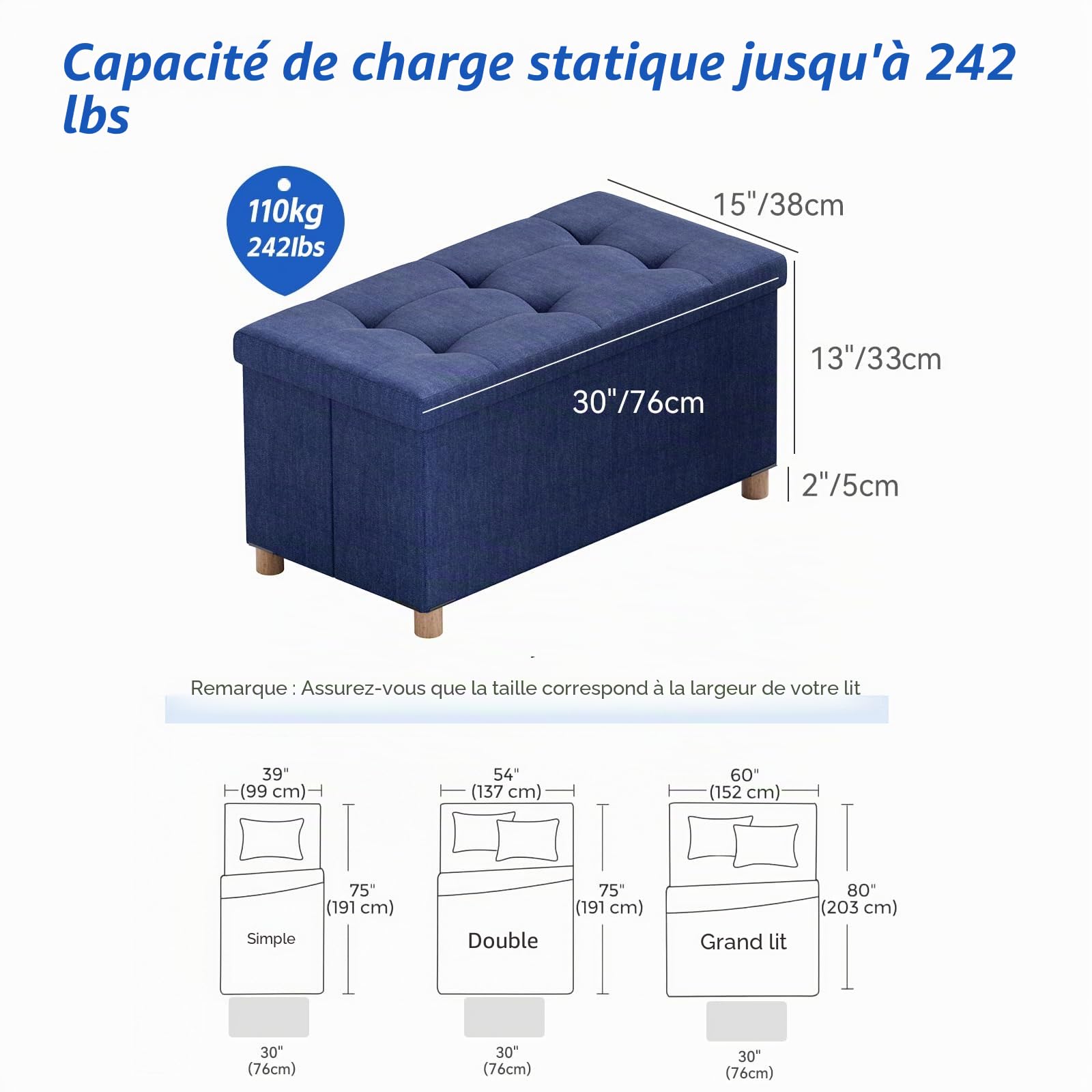 BRIAN & DANY Banc de Rangement, Coffre de Rangement, Pouf Pliable, Montage Facile, pour Salon, Chambre, Entrée, Bleu, 76 x 38 x 38 cm
