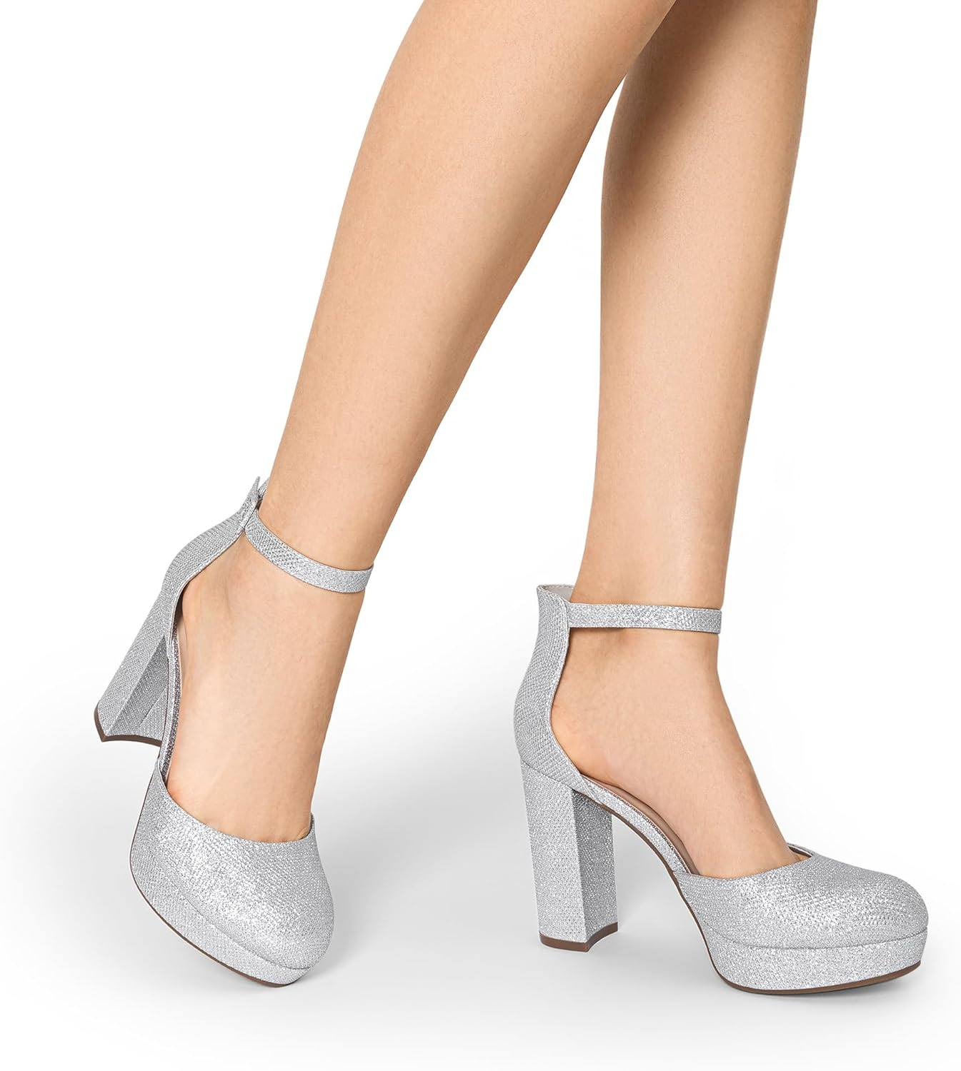 Silver Glitter Faux Leather High Heel Ankle Strap Pumps