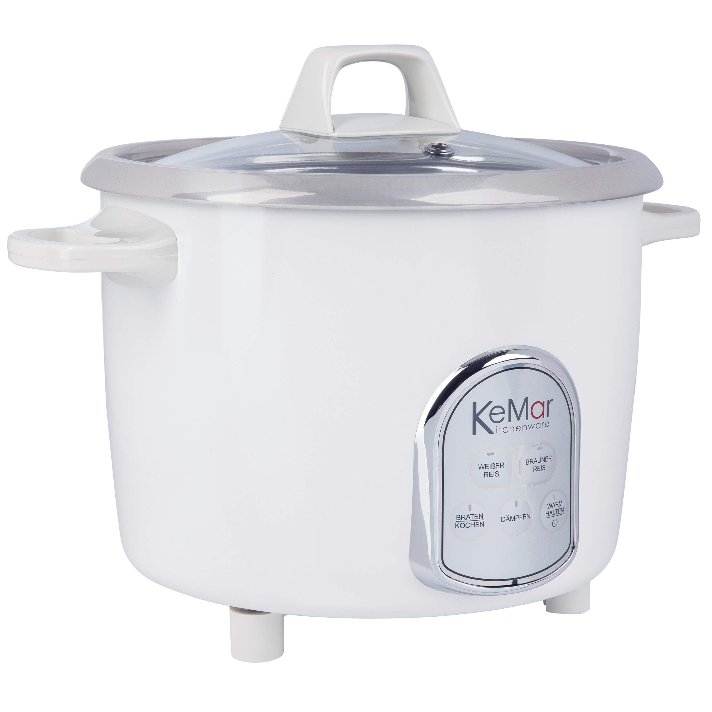 KeMar Reiskocher (5 Programme, 1,4L, 500W, Weiß) 7 Messbecher, Edelstahltopf & Glasdeckel - inkl. Dämpfeinsatz, Dampfgaren - Edelstahlschüssel, spülmaschinengeeignet, Warmhaltefunktion, KRC-175