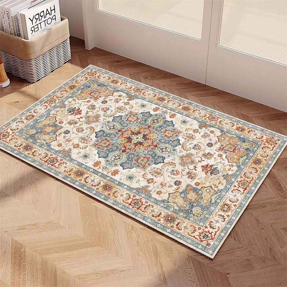 Carpette chambre decoration chambre ado : grand tapis floral bleu facile d'entretien