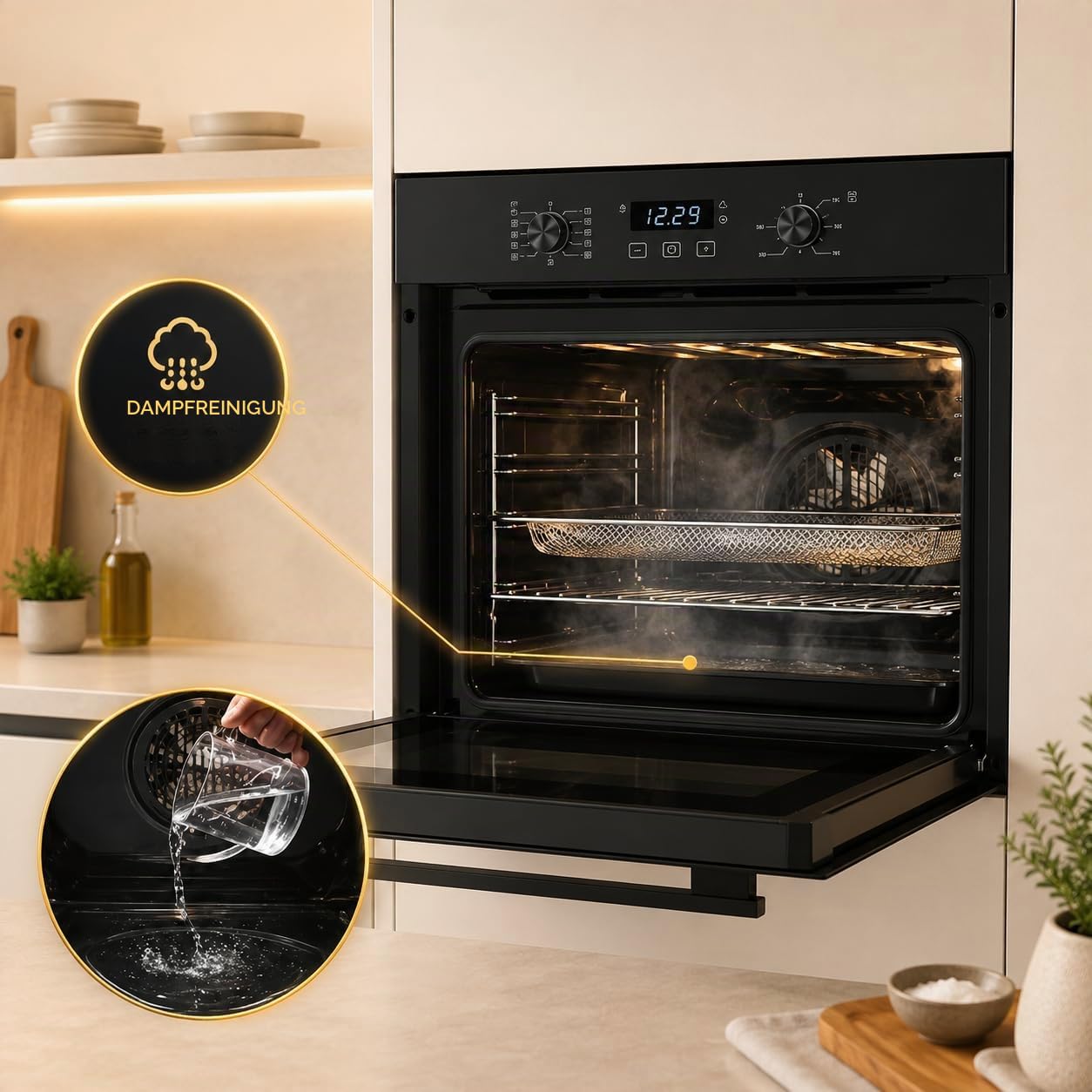Einbaubackofen 60 cm mit Air Fry, 73 Liter, A+, Steam Clean, Heißluft, Pizza Funktion, Digitaldisplay, 3000 Watt