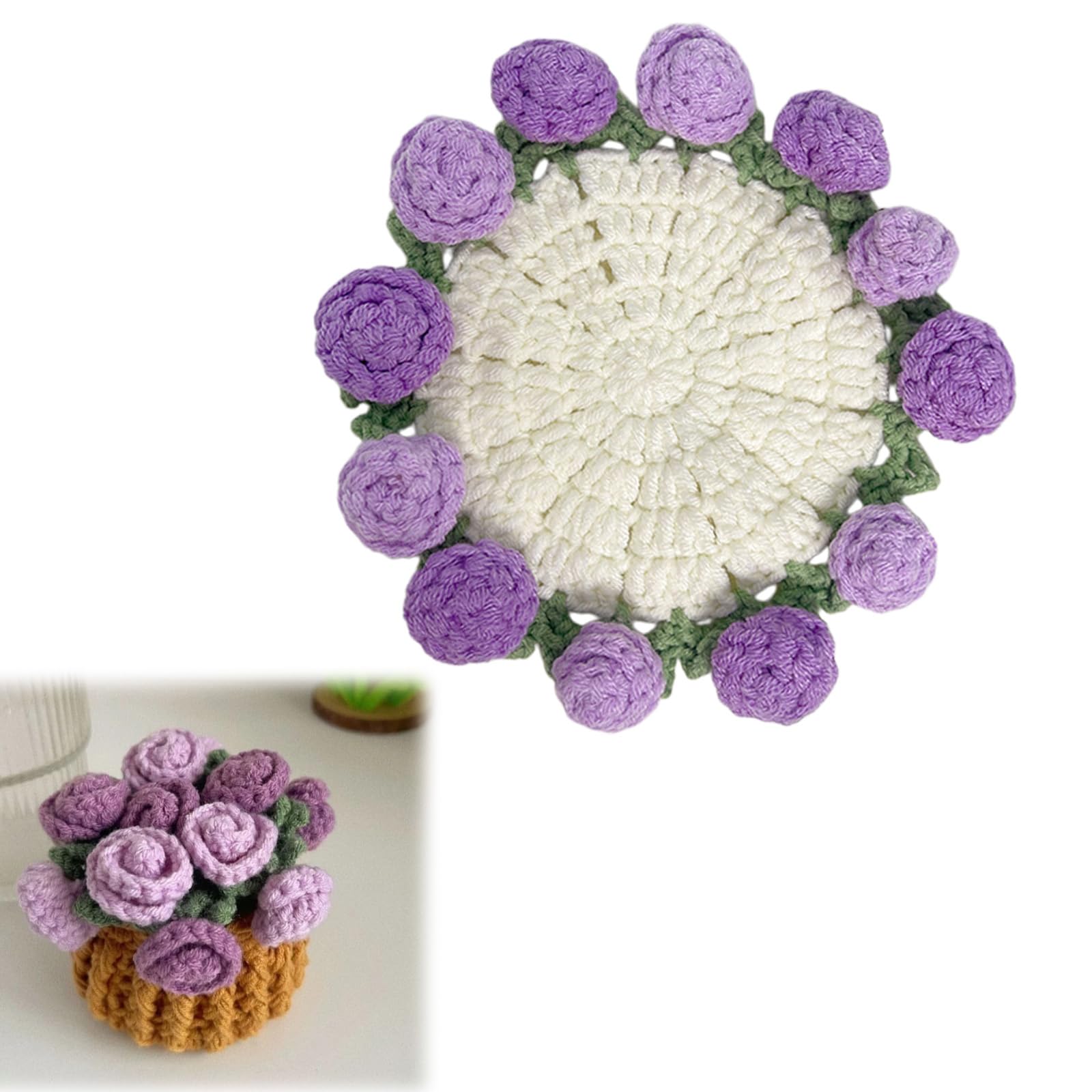 Nucelit Crochet Coasters with 3D Rose and Flower Pots Lovely Decorative Accessories Warm Insulation Placemat Crochet Flowers