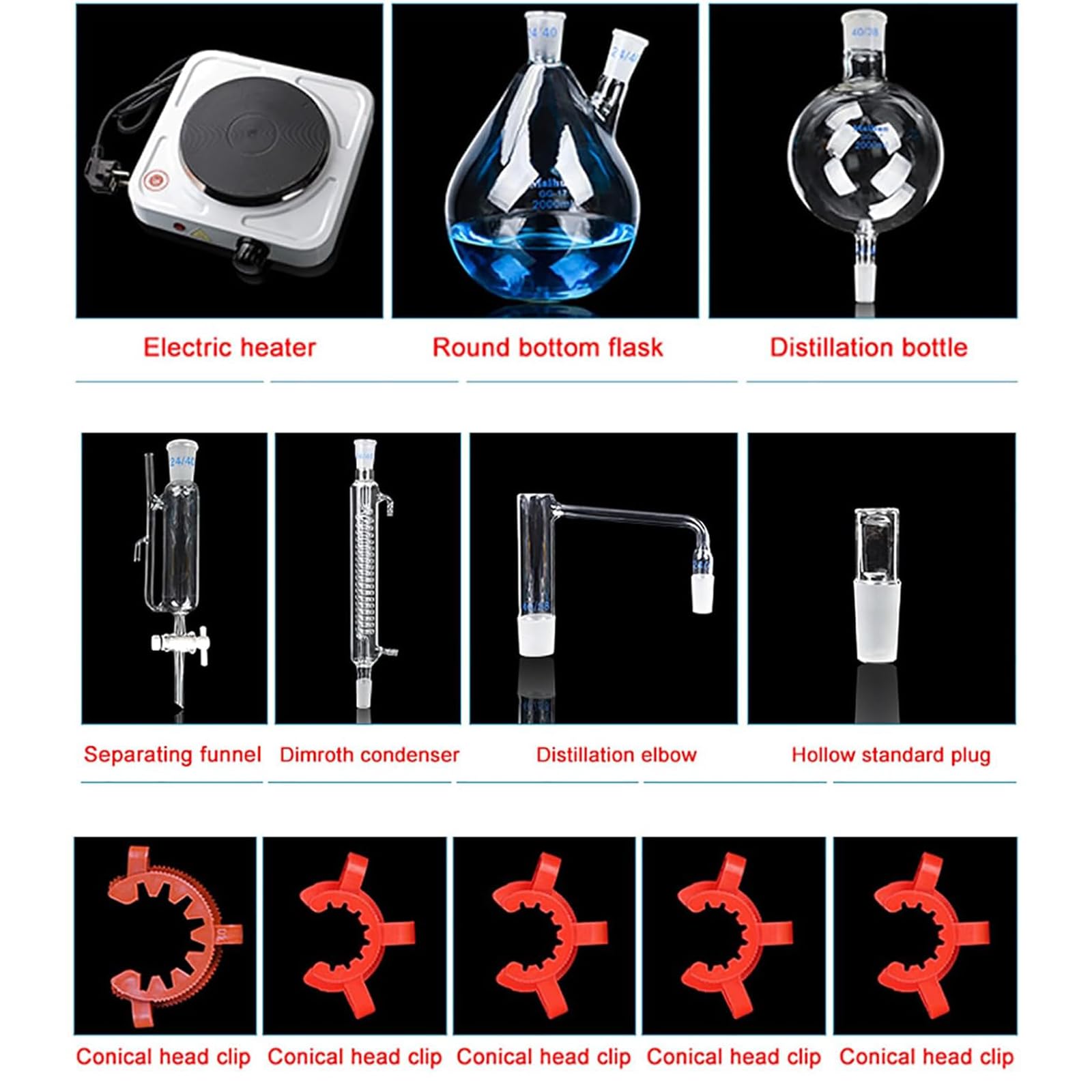 Aparato de destilación de 2000 ml de capacidad con estufa caliente y condensador para kit de extracción de aceites esenciales en laboratorio, temperatura de hasta 500 grados