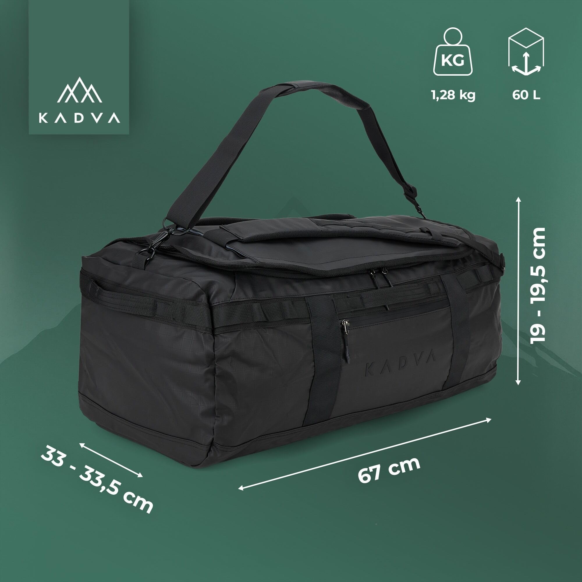 KADVA Alltaker Duffel Bag Sac de Sport et Sac à Dos 2 en 1 (40 l, 60 l, 90 l) – Sac de Voyage étanche avec Compartiment à Chaussures – Bretelles cachées – Grand Sac d'entraînement pour Homme et Femme