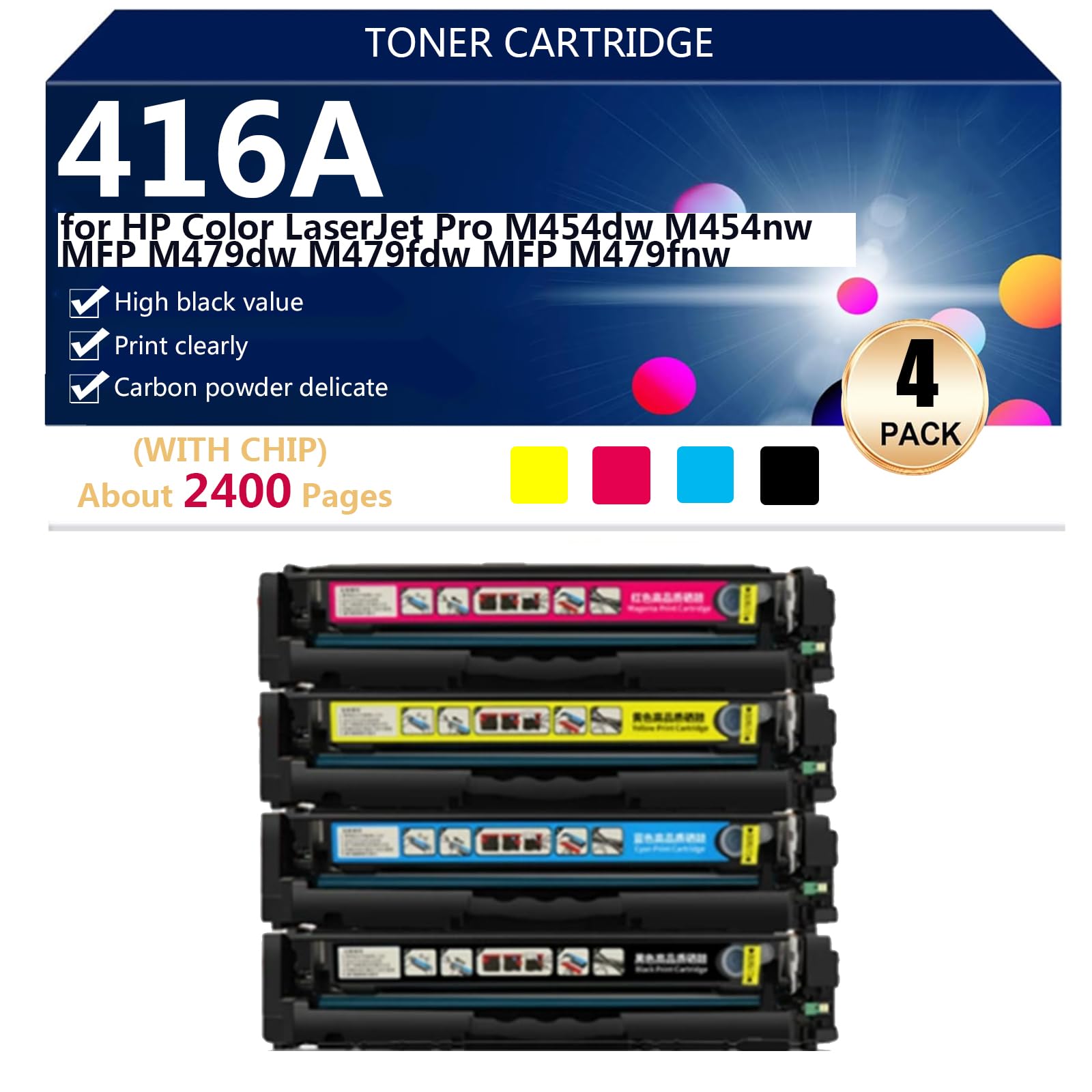 416A Cartucho de Tóner de Repuesto para HP Color LaserJet Pro M454dw M454nw MFP M479dw M479fdw MFP M479fnw Impresoras, para Escuelas Hospitales Bancos,BCMY-1 Set