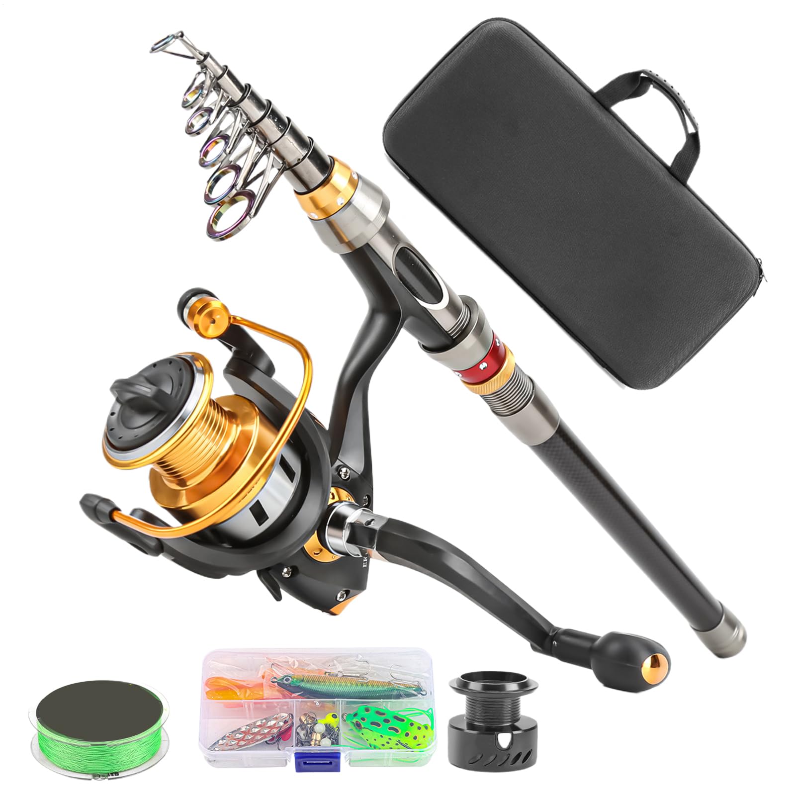 Canna da pesca con mulinello, set telescopico da pesca per surfing, trote, fiume, barca, accessori da pesca – borsa da viaggio compatta per pesca al lago, kayak, riva persico