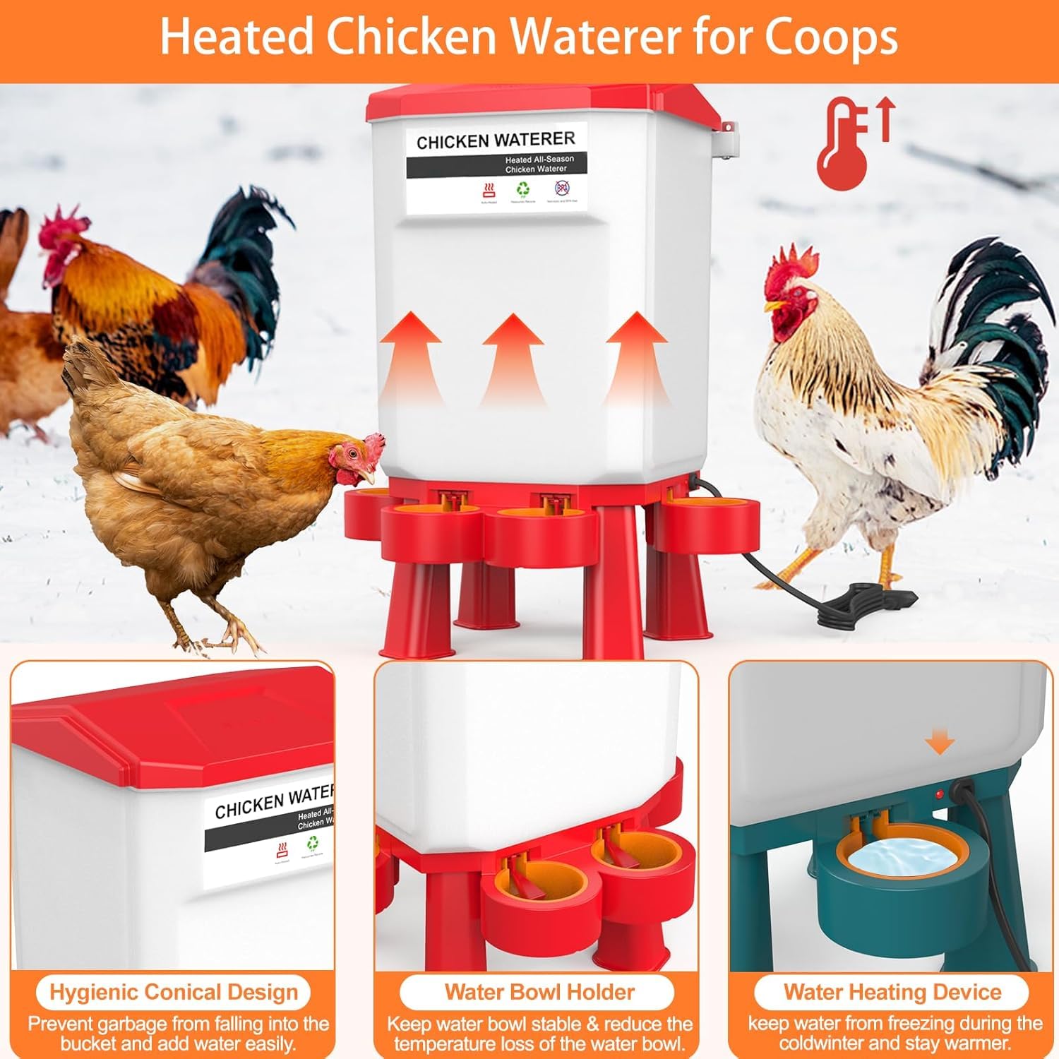 Bebedero de pollo calentado, calentador de agua de plástico para pollo, bebedor de aves de corral con 4 tazas, calentador de agua para aves de corral para pollos, patos, gansos, rojo oscuro, 11 L
