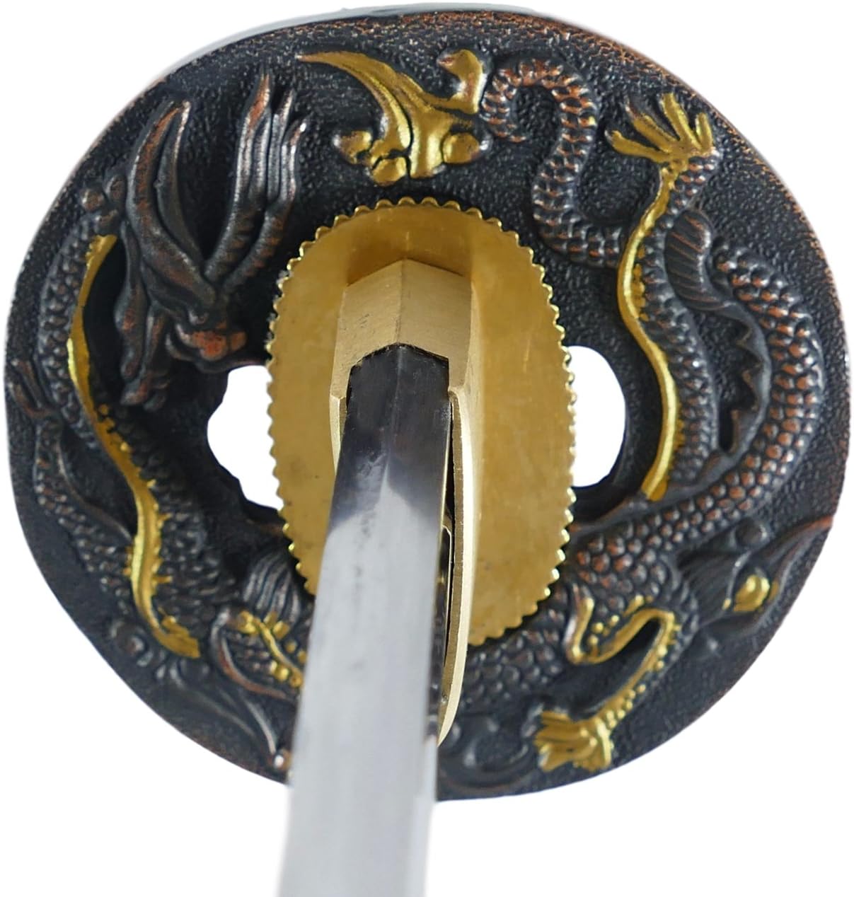 Makoto Hand Forged Razor Sharp 41" Black Samurai Katana Sword - Hand Painted High Gloss Black Scabbard (Dragon_Round Tsuba)
