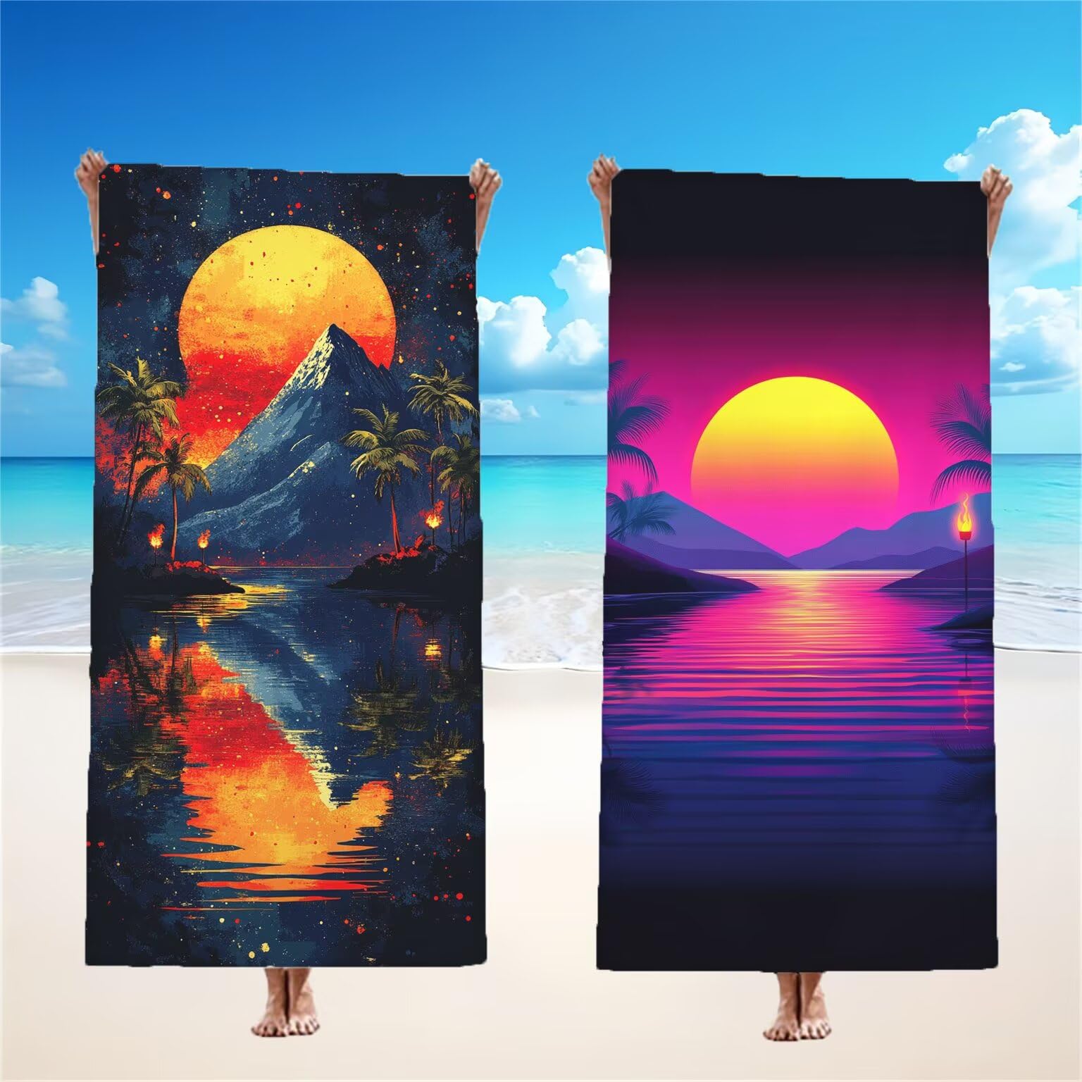 Serviette de Plage 90x180cm, Vacances Serviette Microfibre Lot de 2 Coucher de soleil Motif Ultra Absorbantes Séchage Rapide Anti Sable Légère Drap de Plage Design pour Piscine Voyages Sauna, Model302