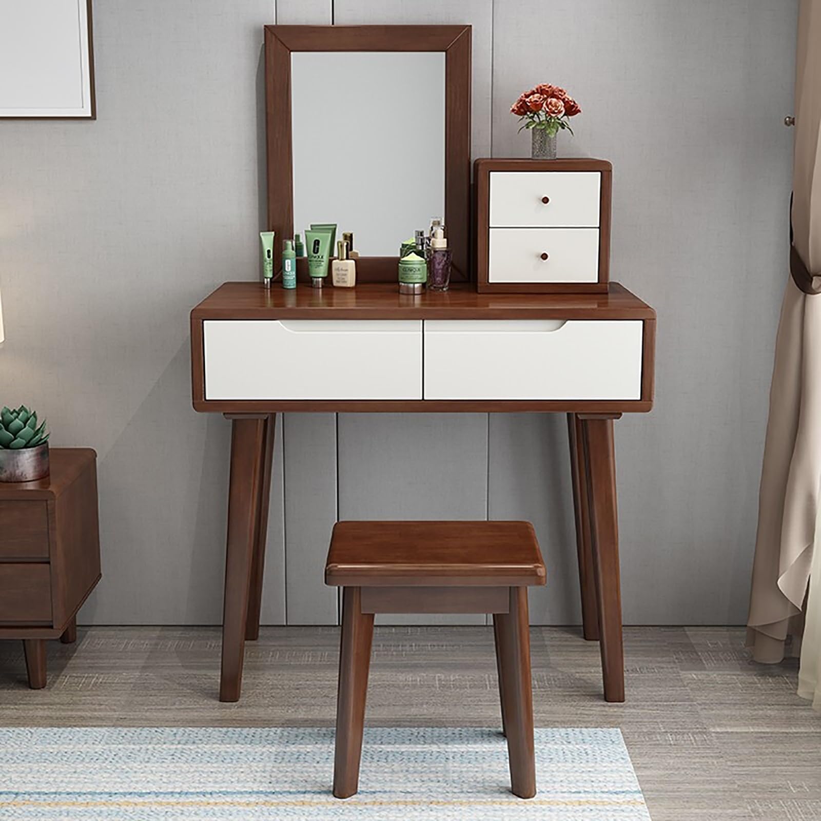 asdchZen Elegant White Vanity Desk Set With Mirror, Cushioned Stool, And Drawer-Perfect Makeup Table For Bedroom And Dressing Room-Ideal For Girls And Women.,Walnut White-80x40x75cm