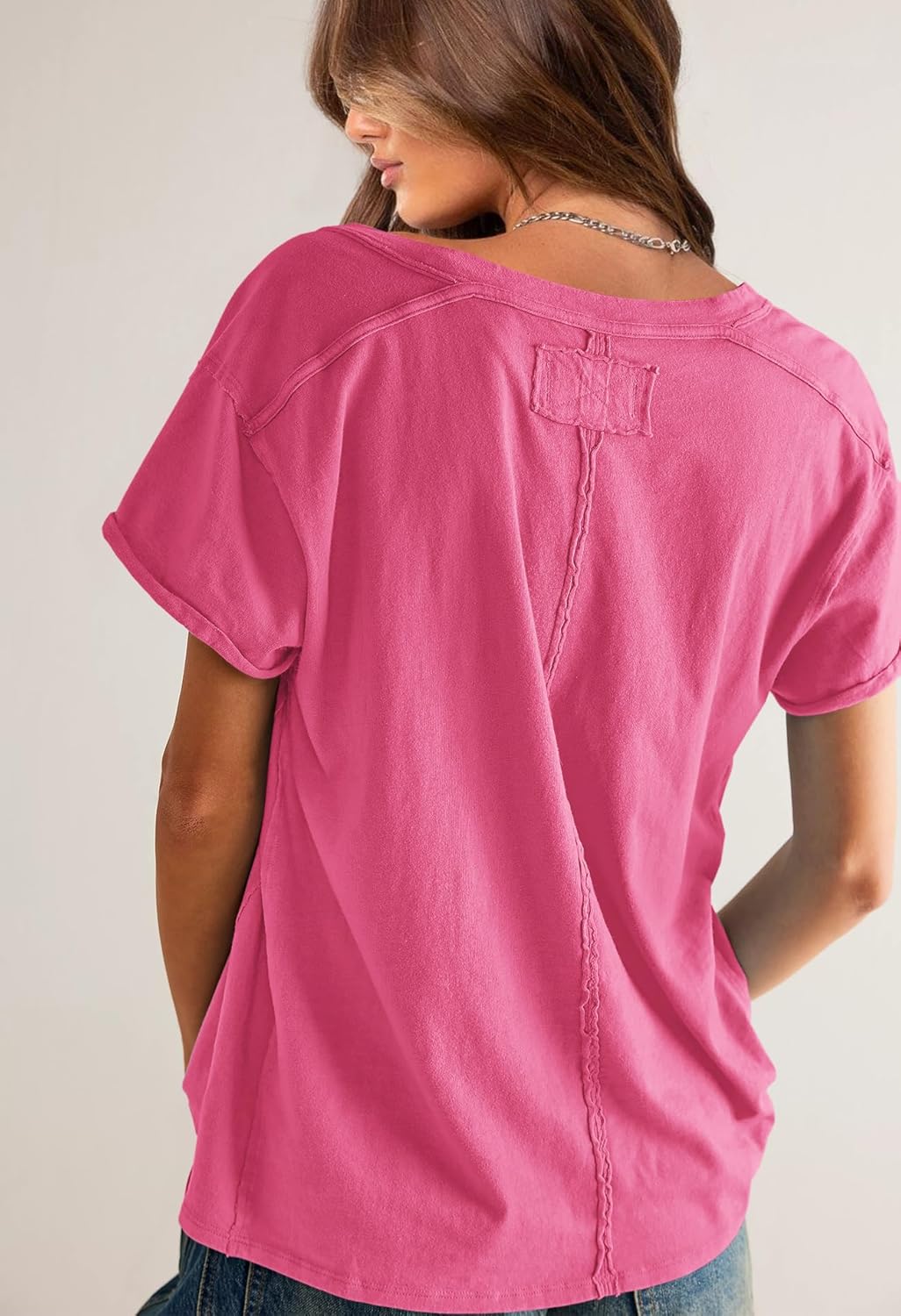 SENSERISE Womens Short Sleeve V Neck T Shirts Oversized Basic Tees Lightweight Soft Casual Loose Tops(Hot Pink,M) - Image 4