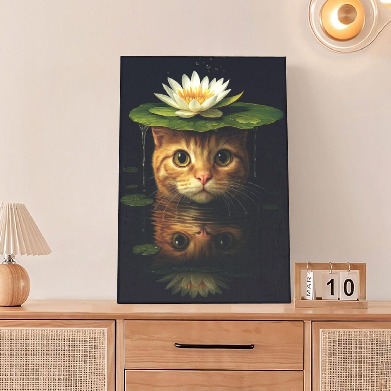 Cat Bathroom Wall Art For Woman Water Lily Kitten Canvas Wall Decor Oriental Asian Pictures Paintings Prints Vintage Aesthetic Artwork Framed Decorations For Bathroom Bedroom Living Room Office Gifts 16" x 24"