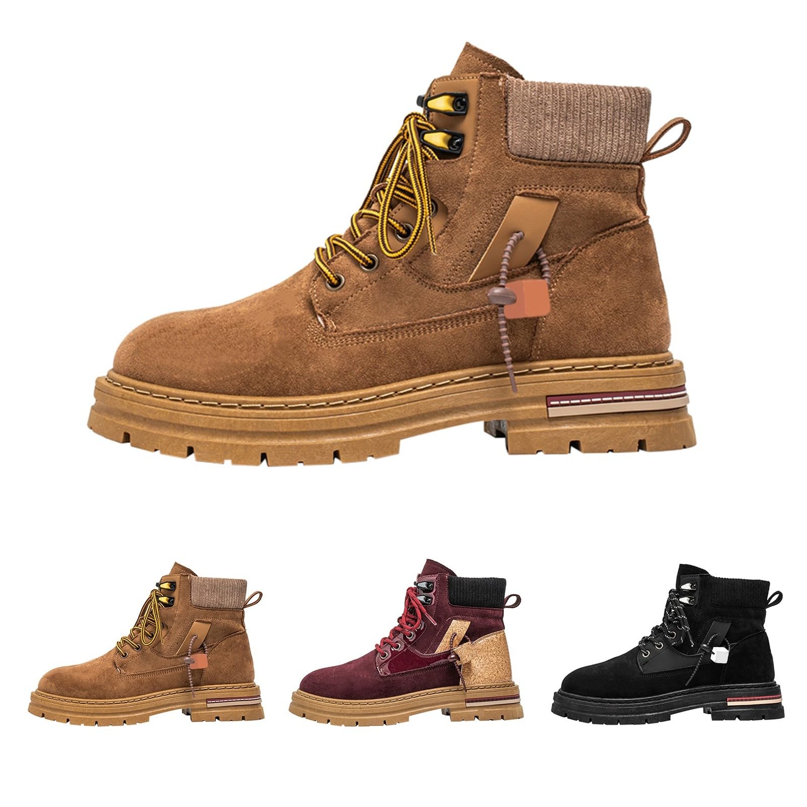 Męskie masywne zamszowe botki z dzianiny kołnierz na co dzień botki retro sznurowane modne trampki do streetwear spacerów, ŻÓŁTY, 39.5 EU