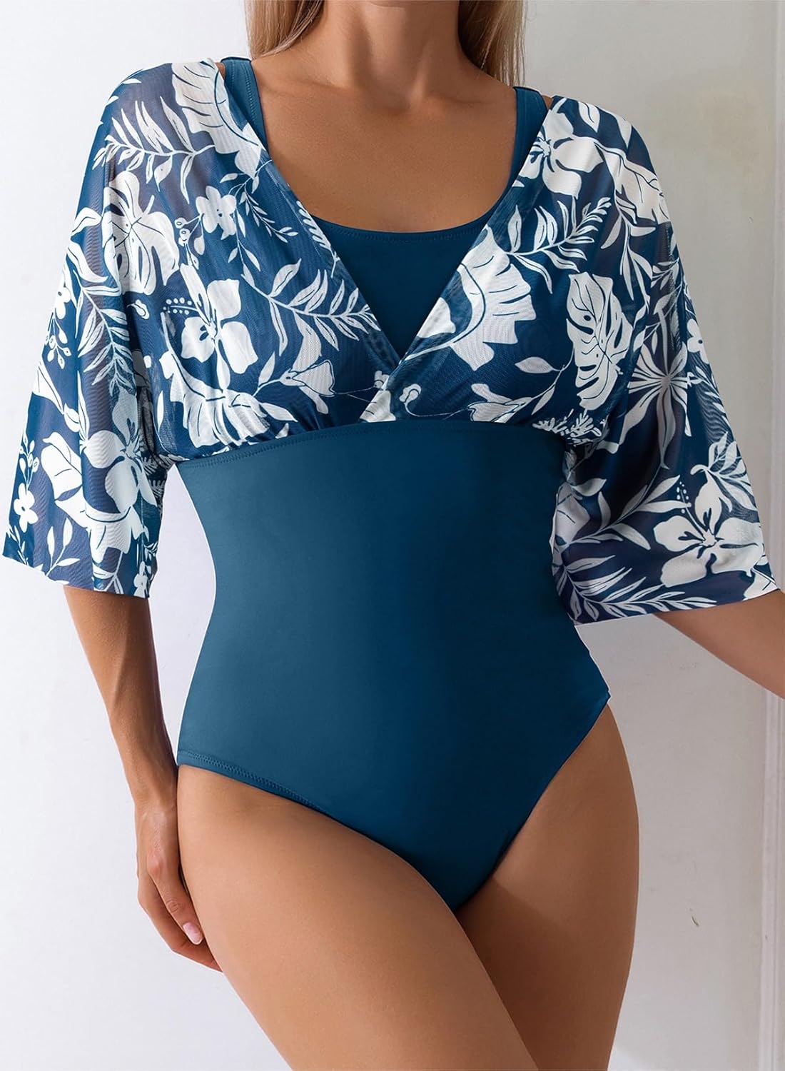 Aleumdr Women's One Piece Swimsuit Modest Tummy Control Bathing Suit V Neck Mesh Sleeve Slimming Swimwear Beachwear - Image 4