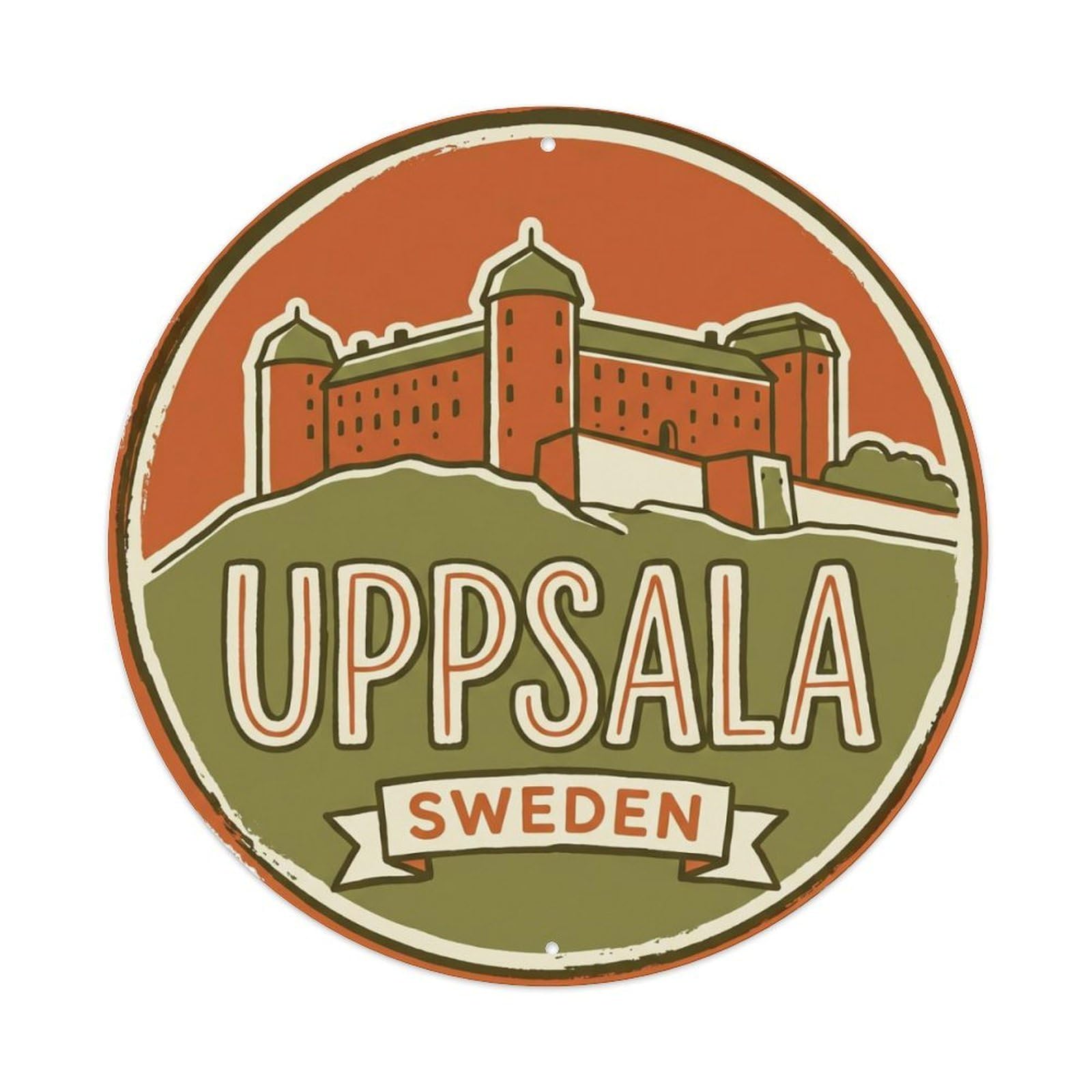 Vintage Travel Uppsala Sweden Fortress Metal Tin Sign Plaque Wall Decor for Cafe, Club Bar, Office, Home Garden Round Metal Poster 8x8Inch
