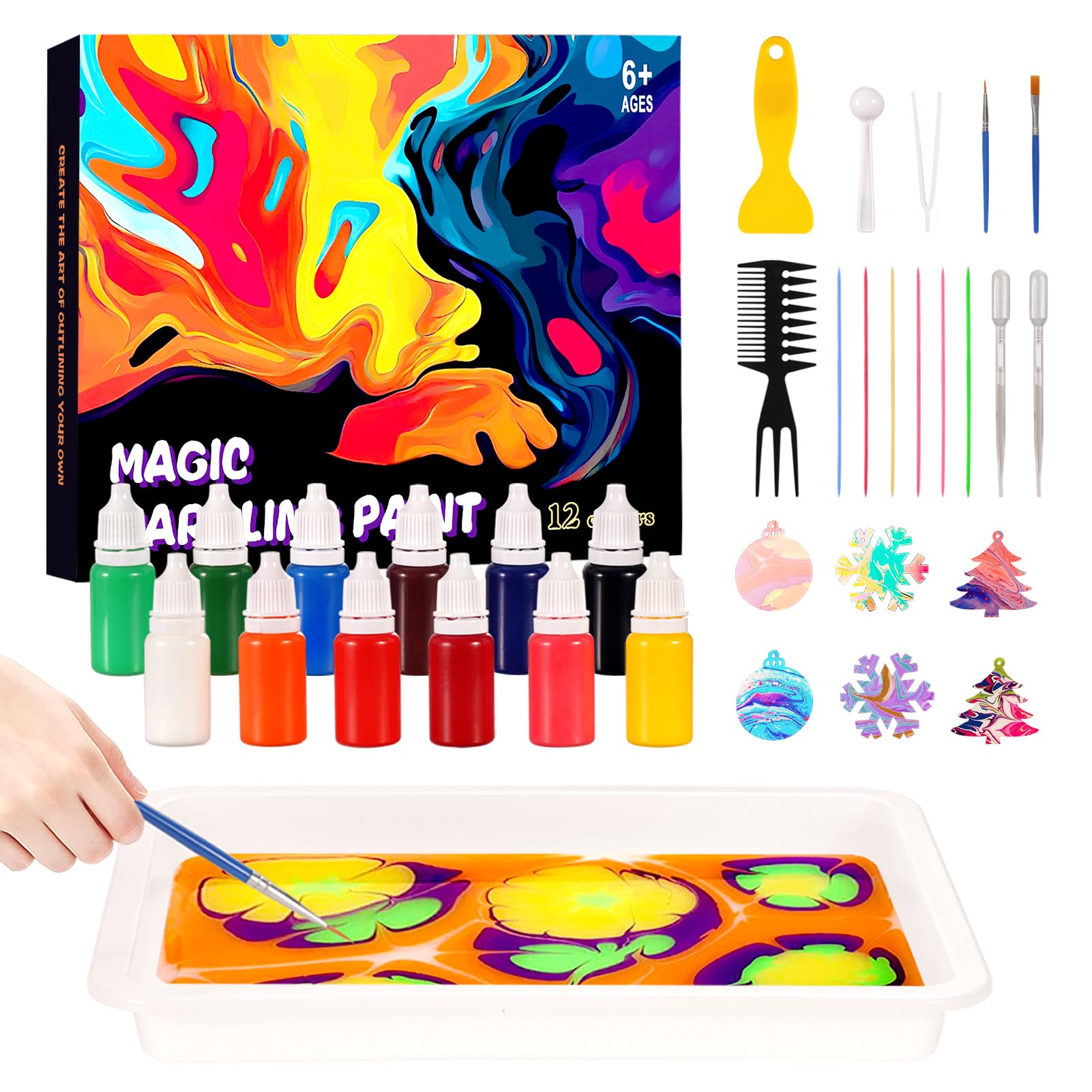 Velozenithize Kit De Pintura Sobre Agua Marmolado – 12 Pigmentos + 25 Hojas A5, Manualidad Para Niños De 6 Años O Más