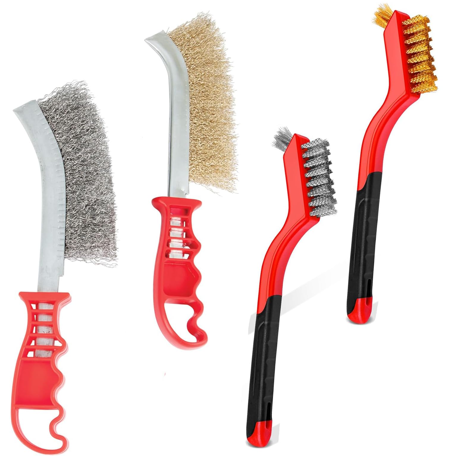 4 Pcs Hand Wire Brush with Stainless Steel Brush and Brass Brush,Wire Brush for Cleaning Rust, Paint and Welding Slag (2 Big,2 Small)