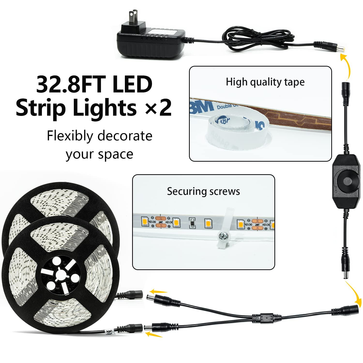 Weiße LED-Lichtstreifen, 19,9 m, dimmbar, 6000 K, hellweiß, 20 m, 1200 LEDs, 2835, flexible Lichtleiste, 12 V, Lichtschlauch für Küche, Unterschrank, Schlafzimmer, Schrank