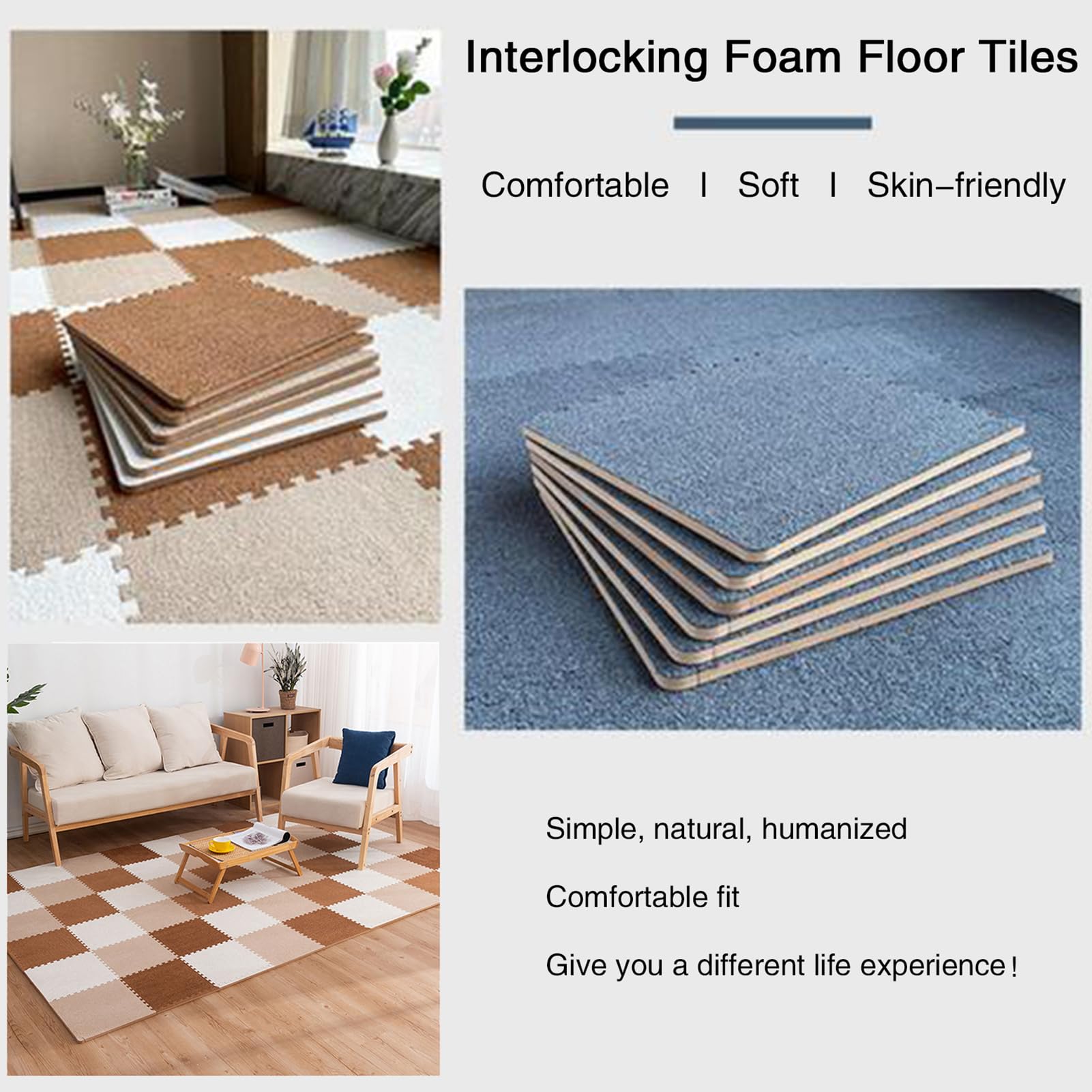 Tapis en Mousse, 18 pièces, Tapis de Sol en Mousse, Dalles de Moquette Courtes et moelleuses emboîtables avec Bordure, Tapis de Jeu Puzzle, Tapis d'escalade Doux pour la décoration
