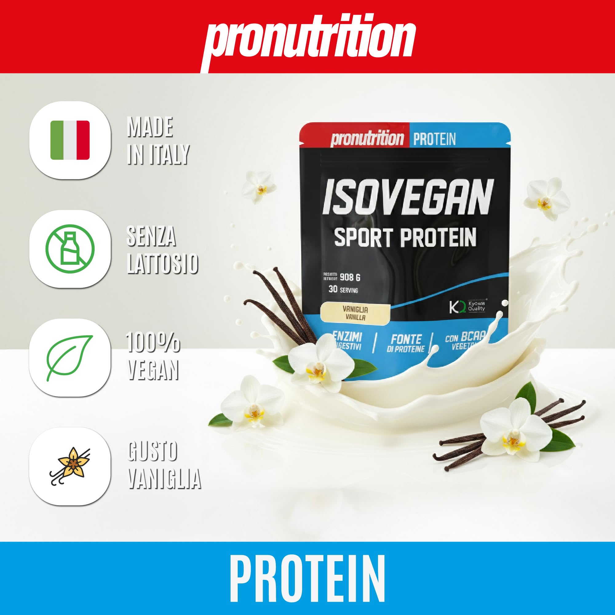 Pronutrition Iso Vegan Sport Protein – Blend Vegetale Isolato con BCAA 4 1 1 ed Enzimi Digestivi per Recupero Muscolare – Gusto Vaniglia