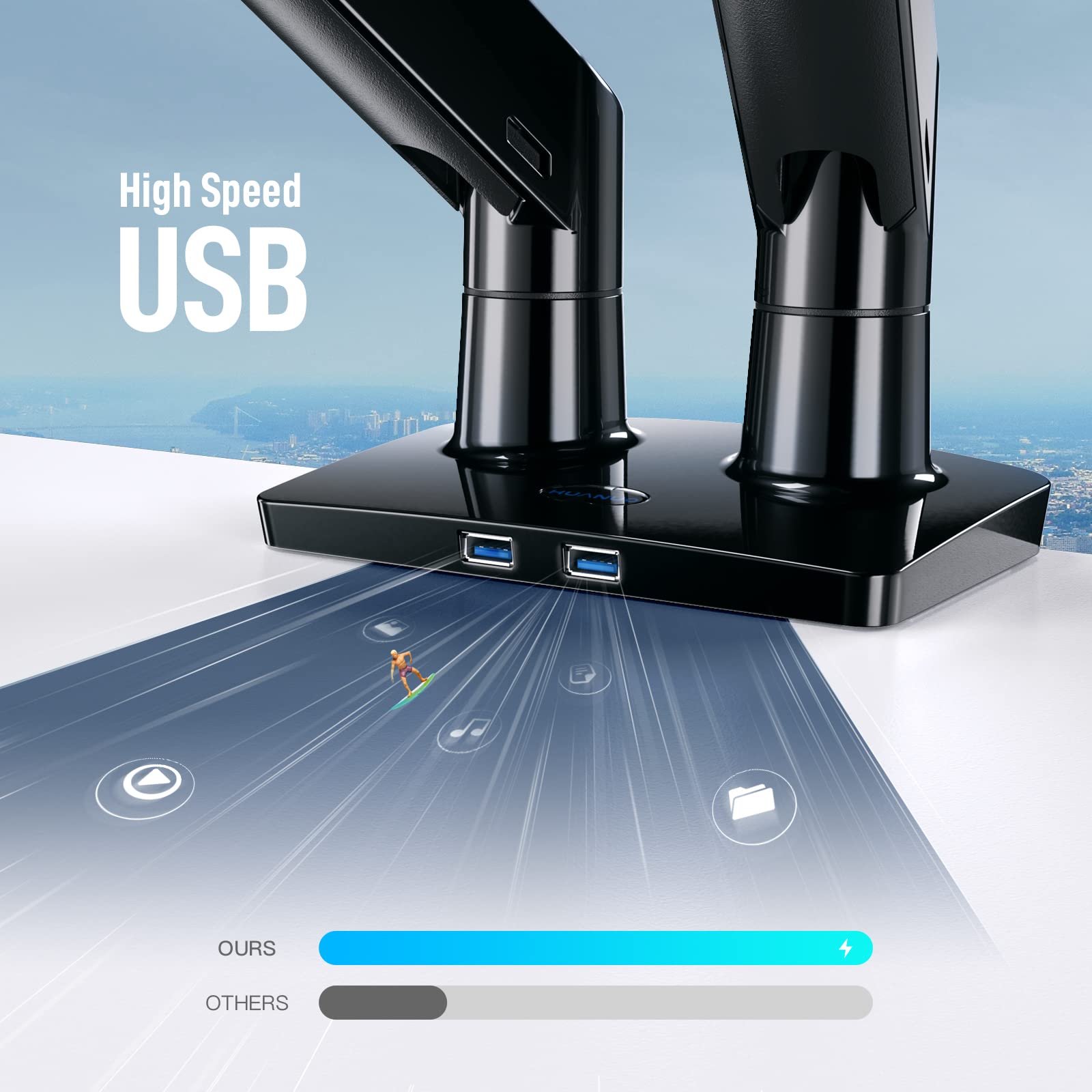 HUANUO Dual Monitor Stand for 13 to 35 inch, Premium Dual Monitor Mount with USB, Height Adjustable Monitor Stands for 2 Monitors VESA Bracket with Clamp/Grommet Base, Each Arm Hold up to 26.4lbs