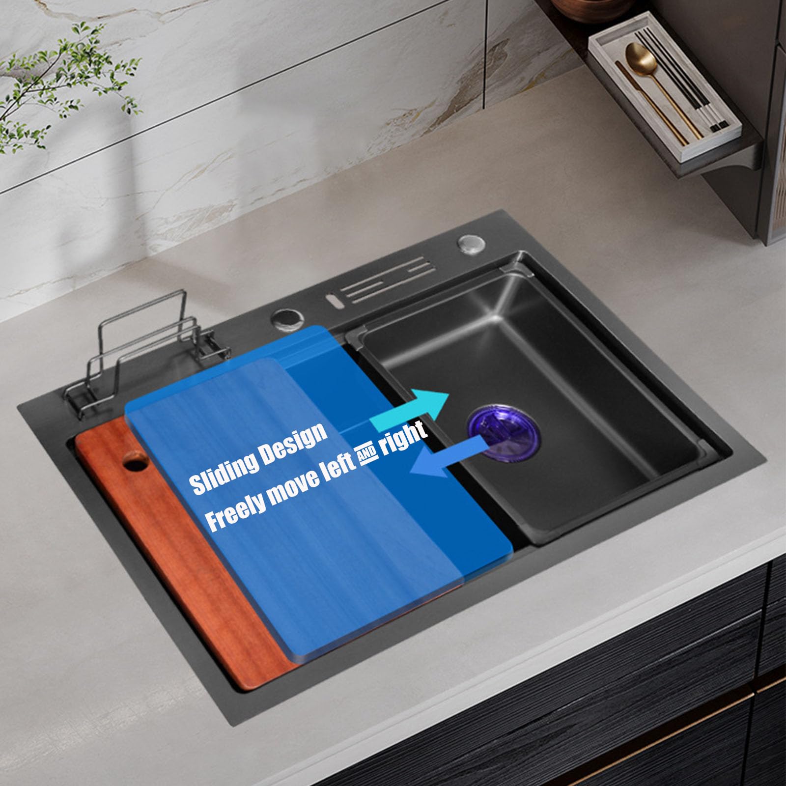 Lavello da cucina a vasca singola Lavello da incasso o sottopiano in acciaio inossidabile 304 con rubinetto estraibile Tagliere Porta coltelli Dispenser di sapone (60 * 46 * 22 CM, Nero) (Nero 60 *