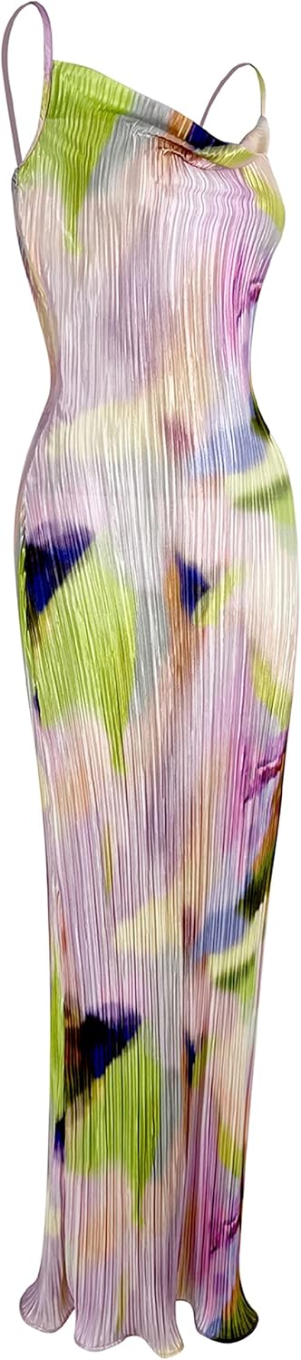 Cowl Neck Printed Plisse Maxi Dress Sleeveless Tank Dress Summer Beach Dresses