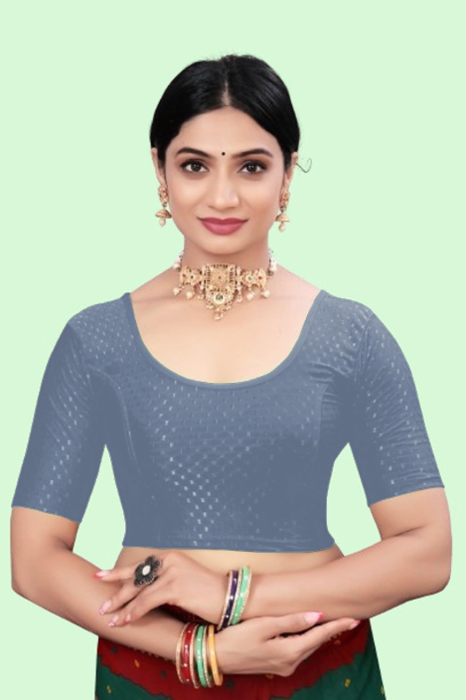 Readymade Saree Blouse for Women Round Neck Pure Cotton Dobby Stretchable Elbow Sleeve Stylish Blouse-image-13